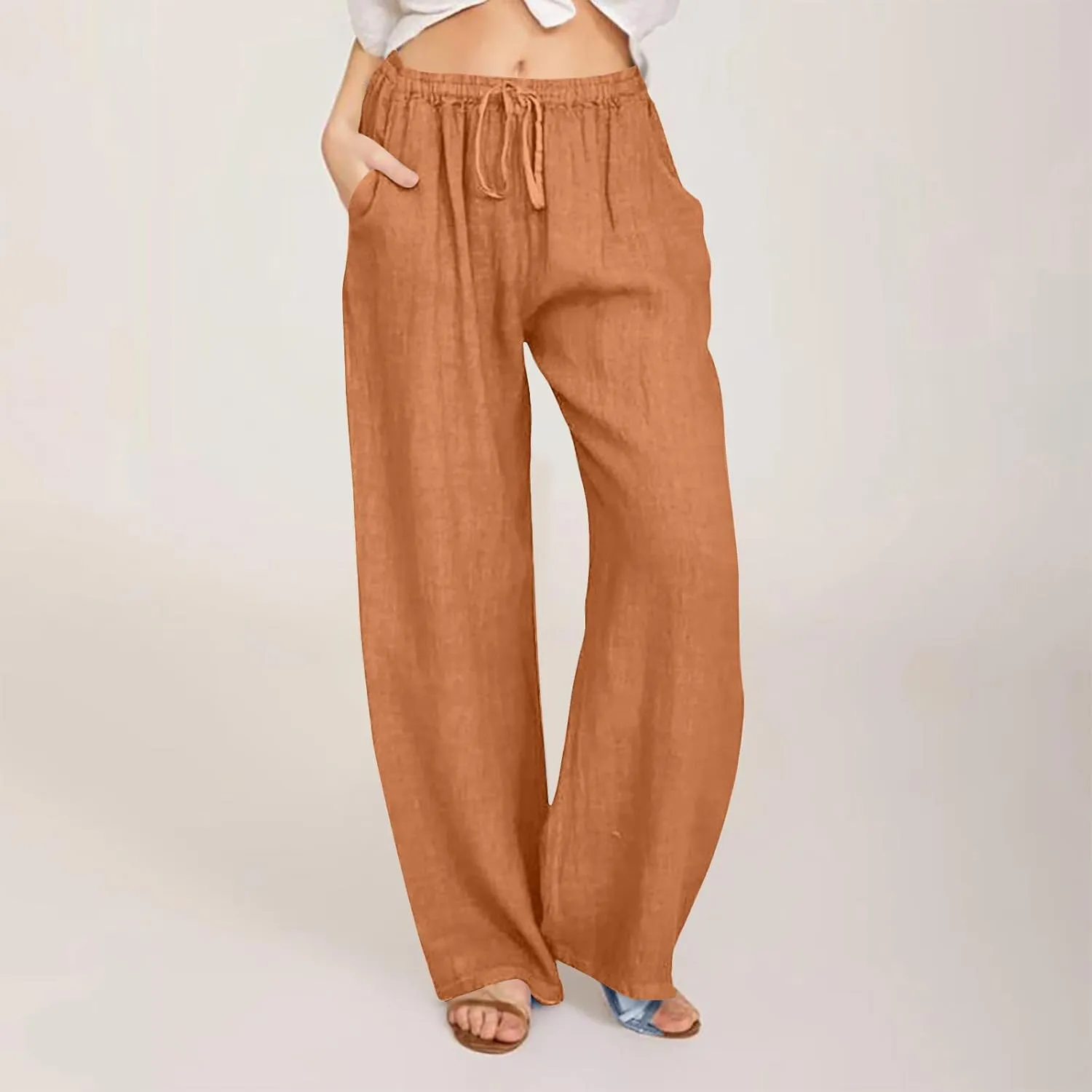 2025 Summer Wide Leg Linen Pants for Women Drawstring Waist Loose Pants Lightweight Trousers Casual Beach Long Pants