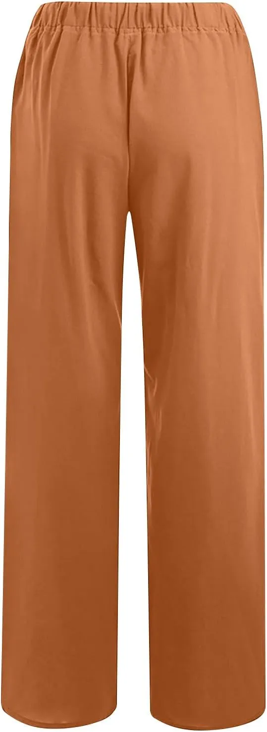 2025 Summer Wide Leg Linen Pants for Women Drawstring Waist Loose Pants Lightweight Trousers Casual Beach Long Pants