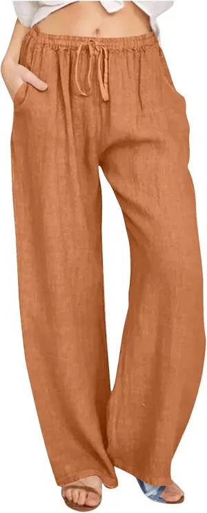 2025 Summer Wide Leg Linen Pants for Women Drawstring Waist Loose Pants Lightweight Trousers Casual Beach Long Pants