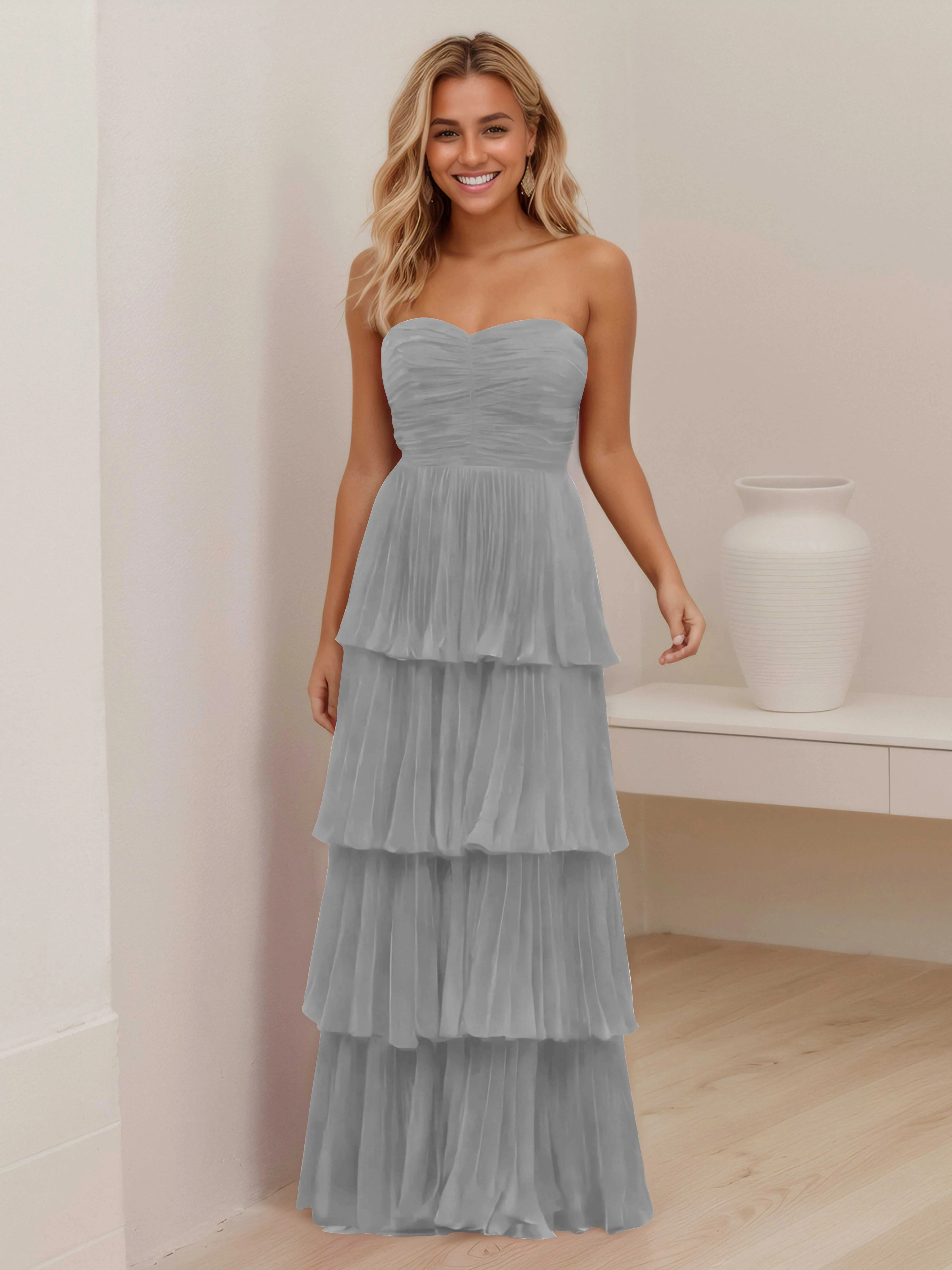 Aliana Stylish Strapless Tiered Long Wedding Guest Dresses