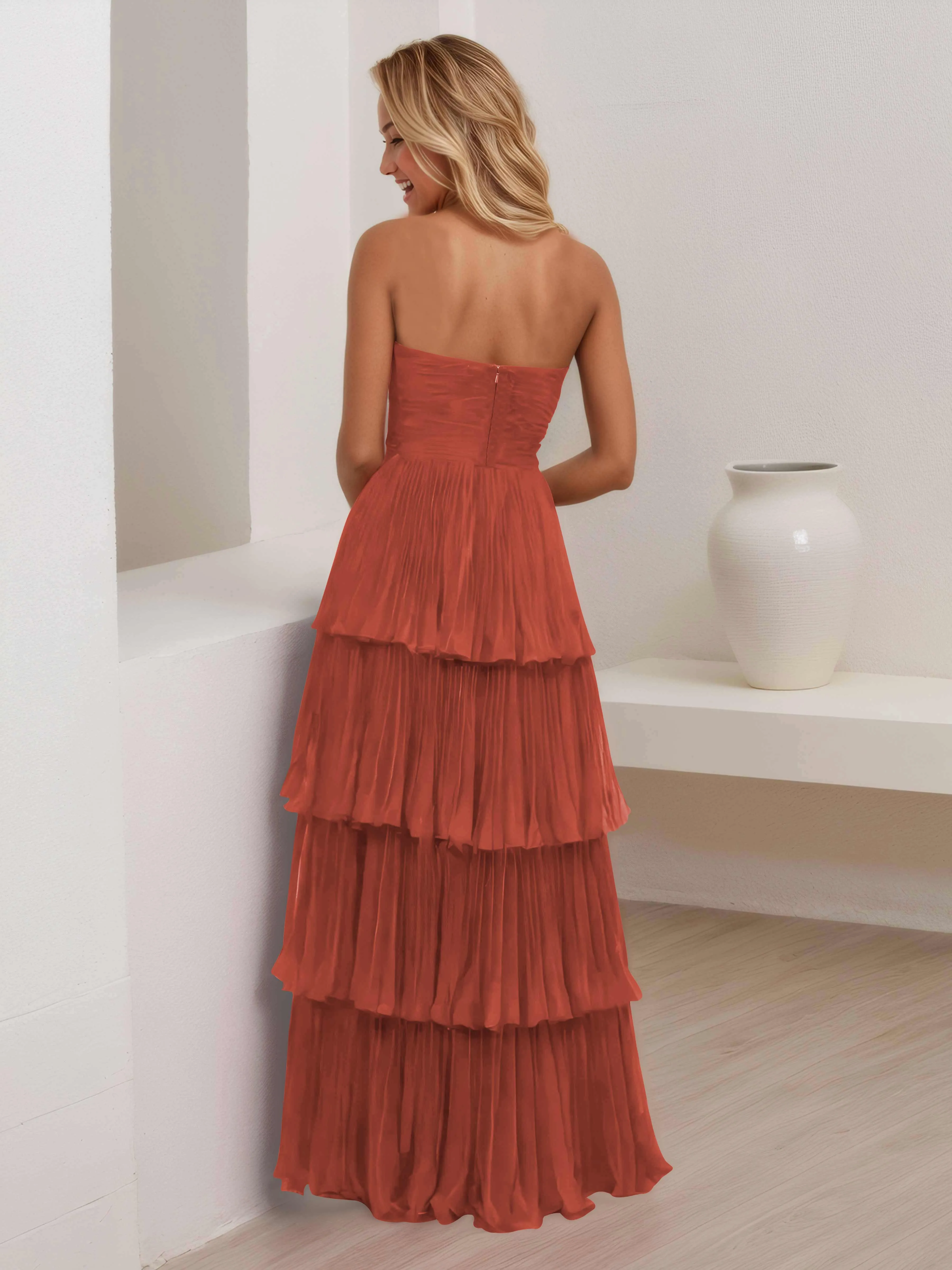 Aliana Stylish Strapless Tiered Long Wedding Guest Dresses