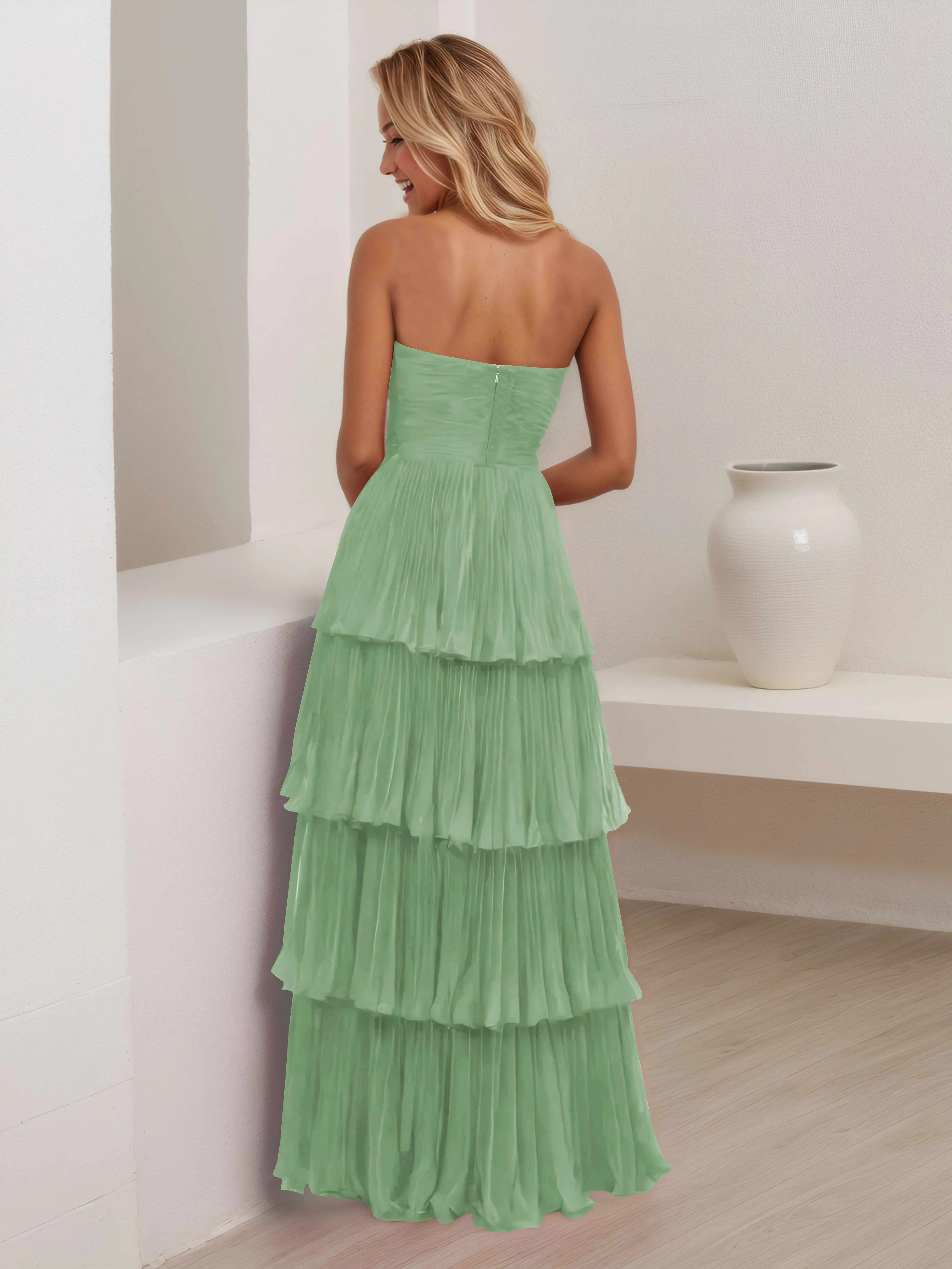 Aliana Stylish Strapless Tiered Long Wedding Guest Dresses