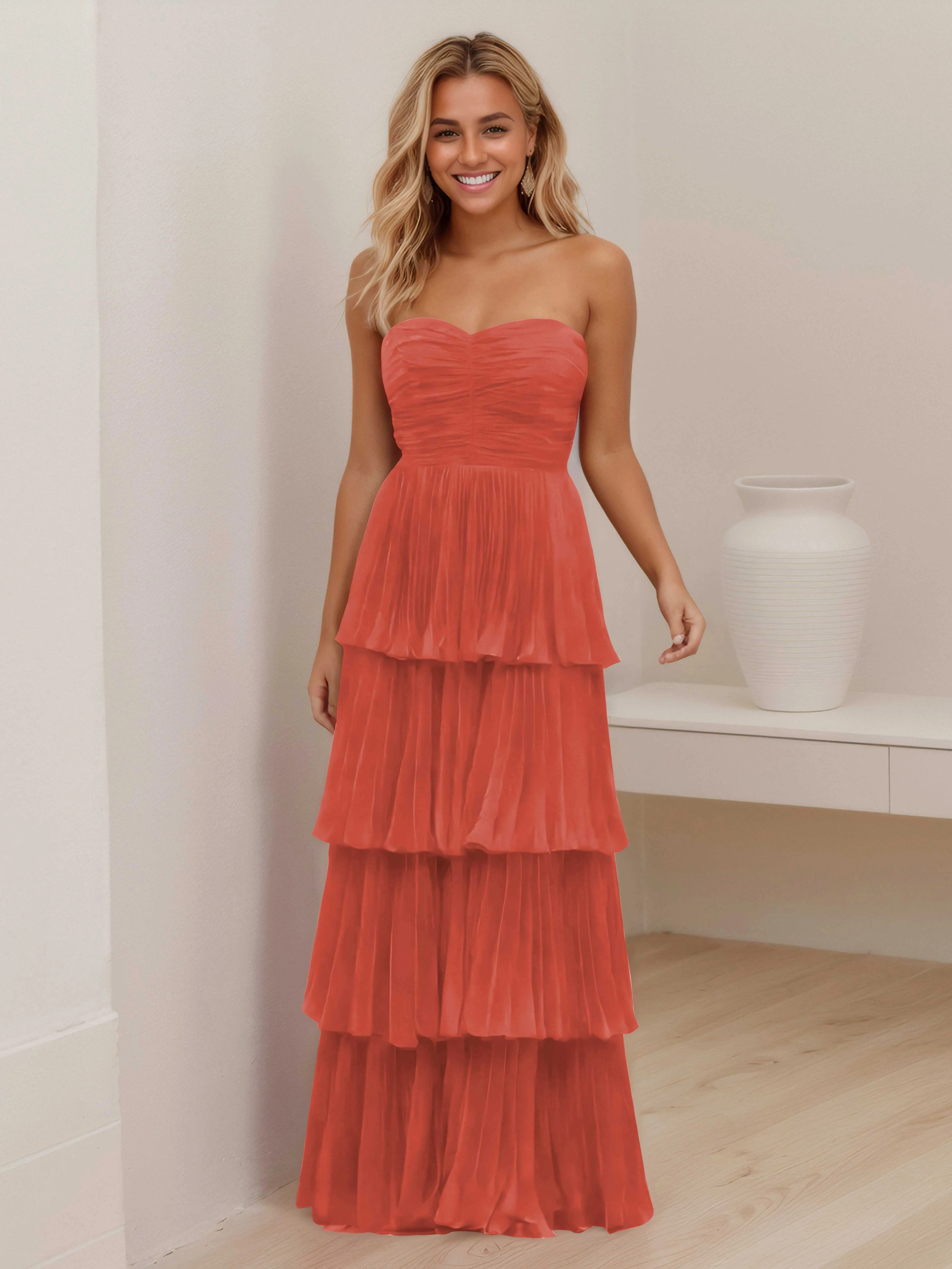 Aliana Stylish Strapless Tiered Long Wedding Guest Dresses