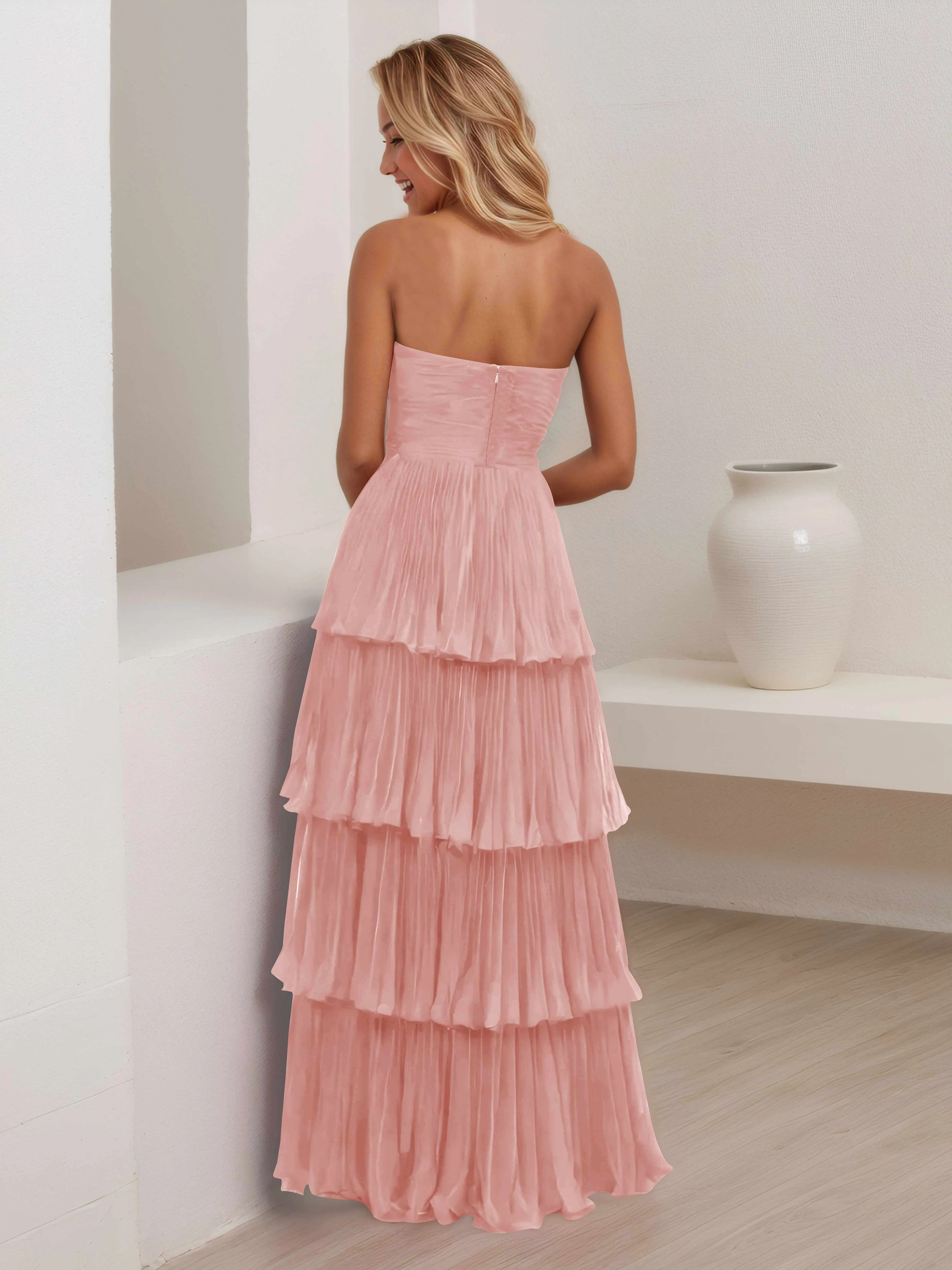 Aliana Stylish Strapless Tiered Long Wedding Guest Dresses