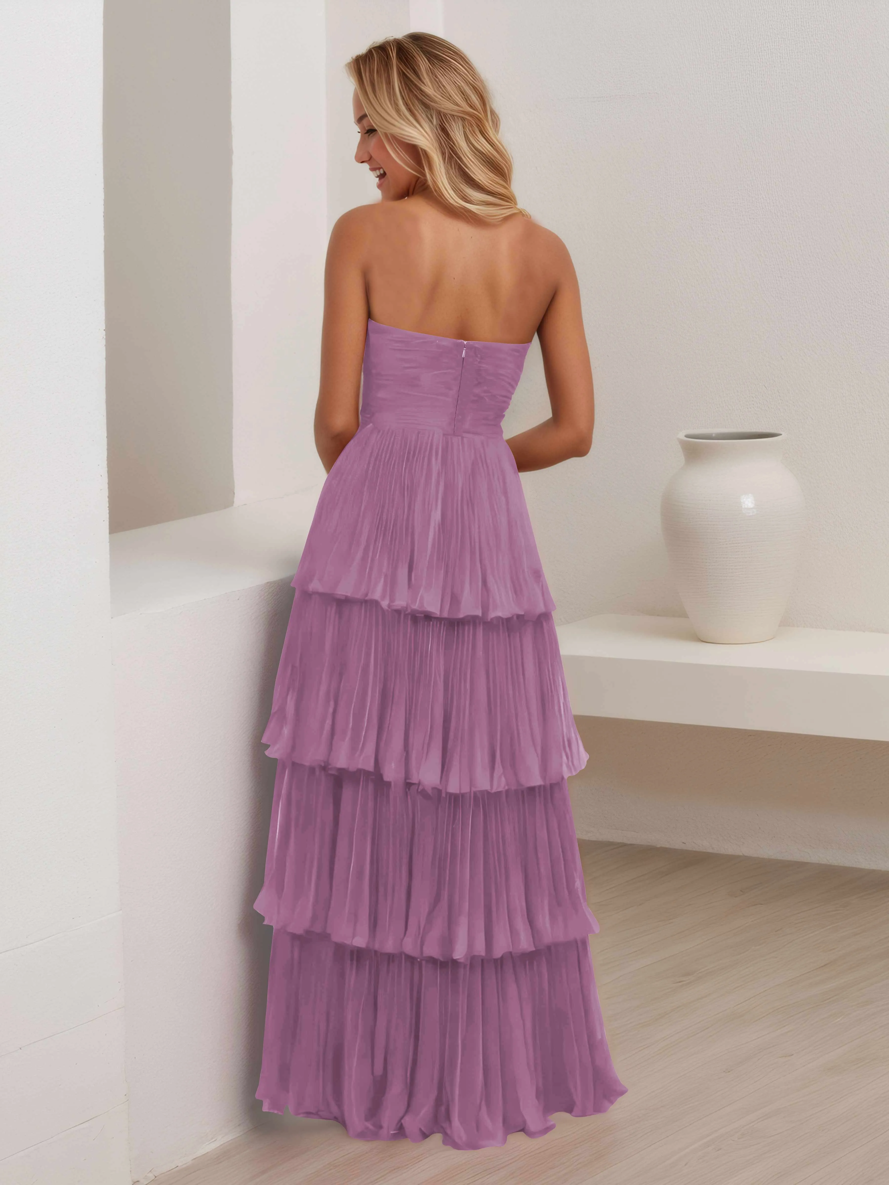 Aliana Stylish Strapless Tiered Long Wedding Guest Dresses