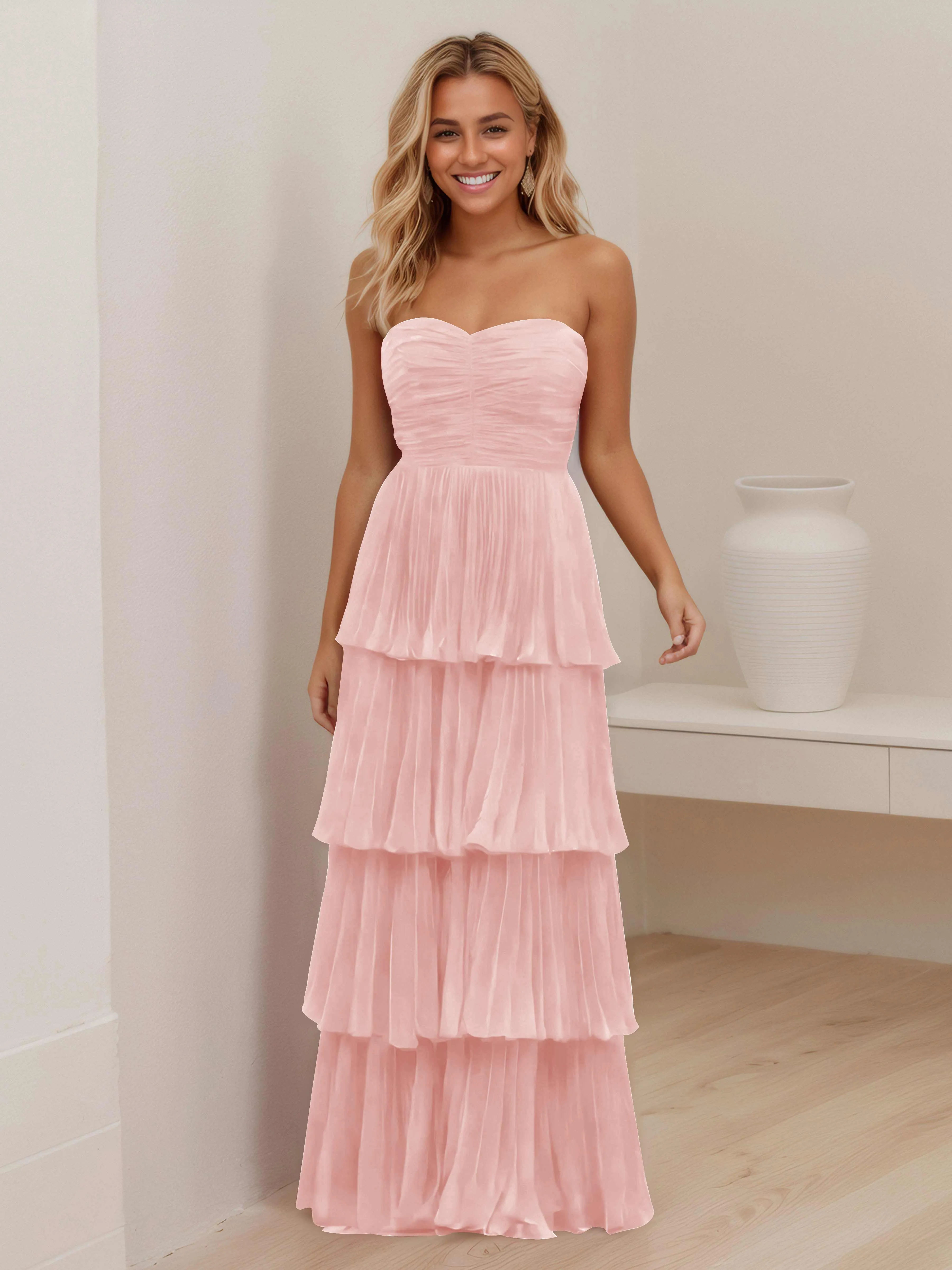 Aliana Stylish Strapless Tiered Long Wedding Guest Dresses