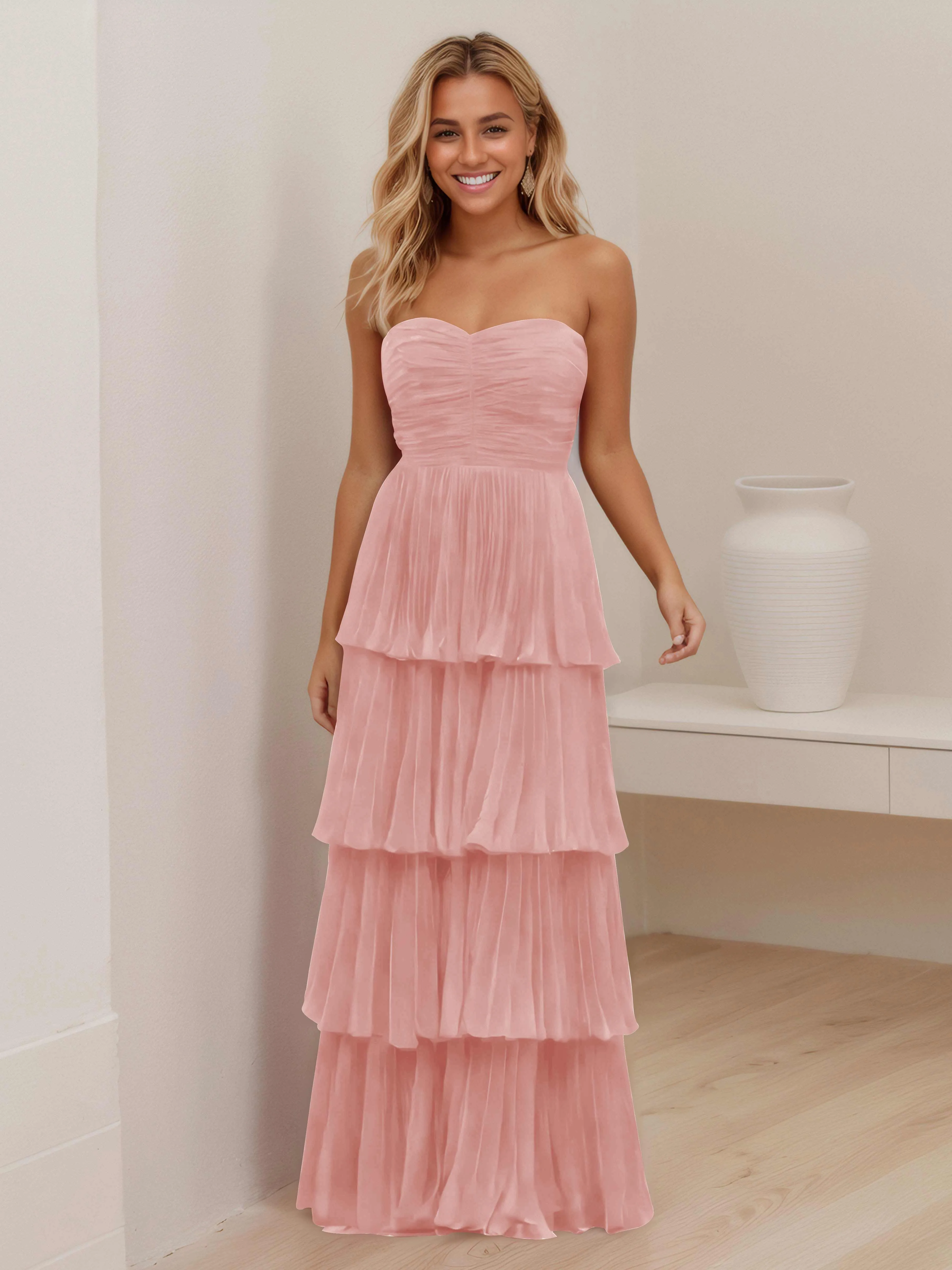 Aliana Stylish Strapless Tiered Long Wedding Guest Dresses