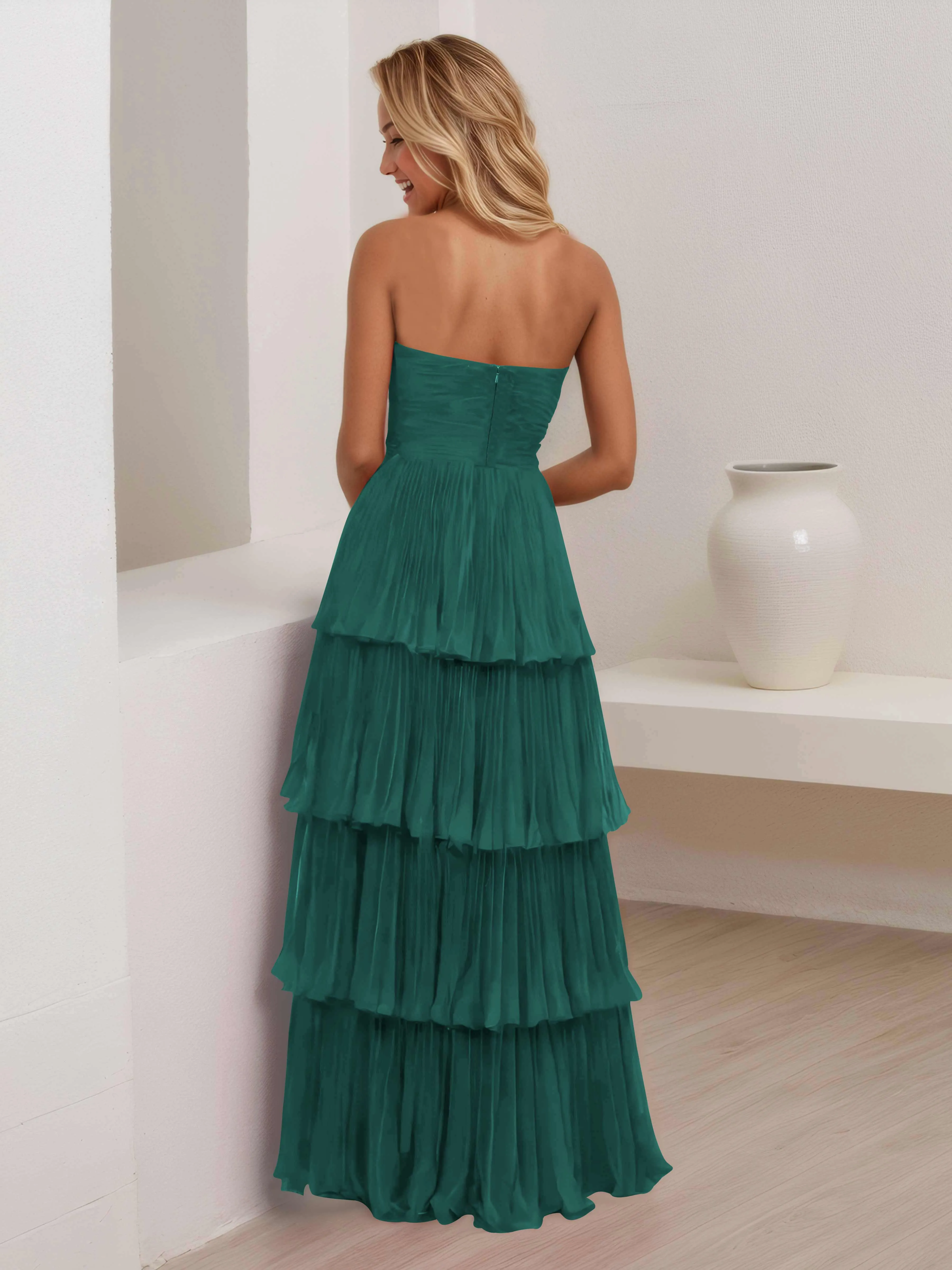 Aliana Stylish Strapless Tiered Long Wedding Guest Dresses