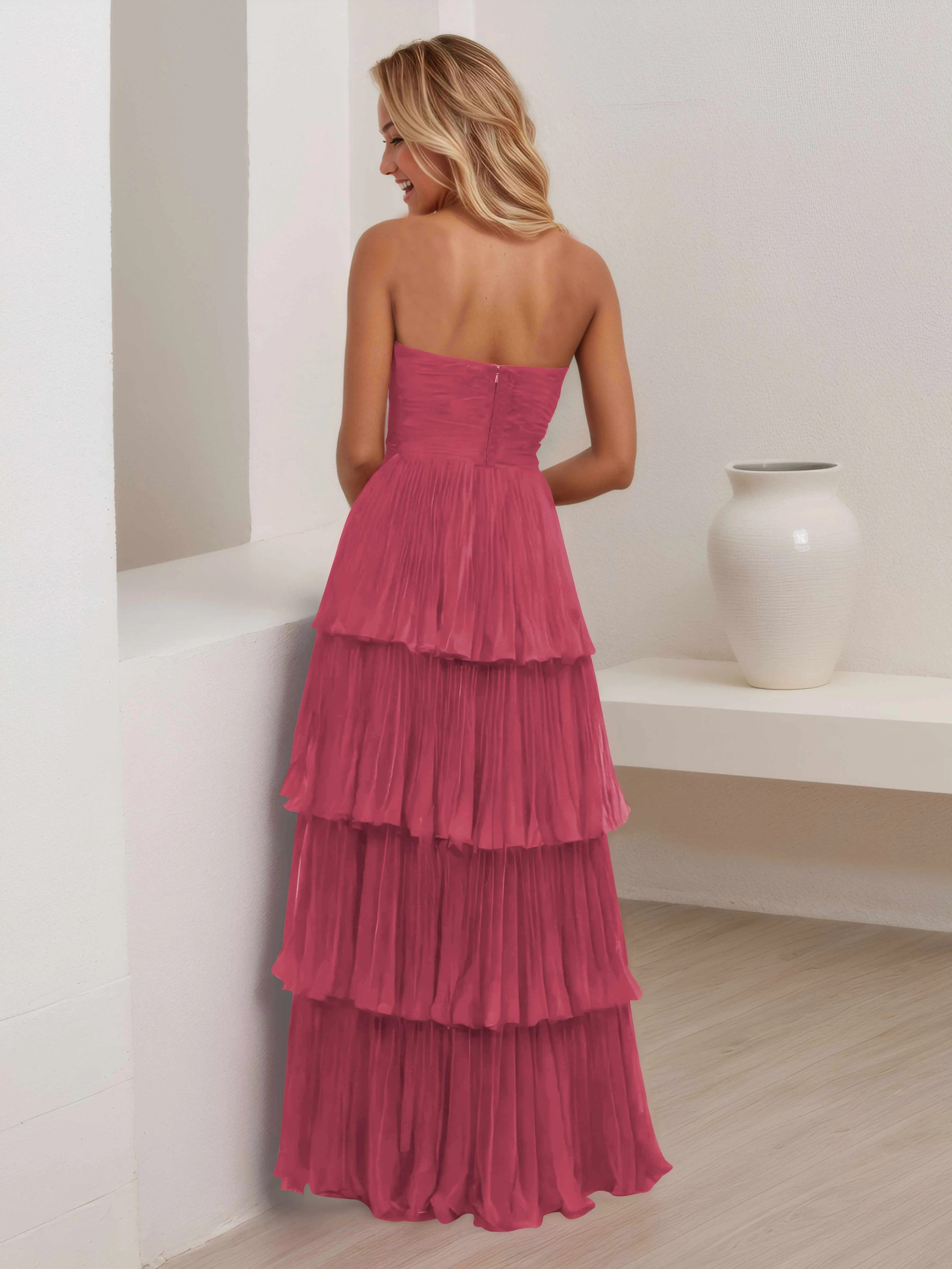 Aliana Stylish Strapless Tiered Long Wedding Guest Dresses