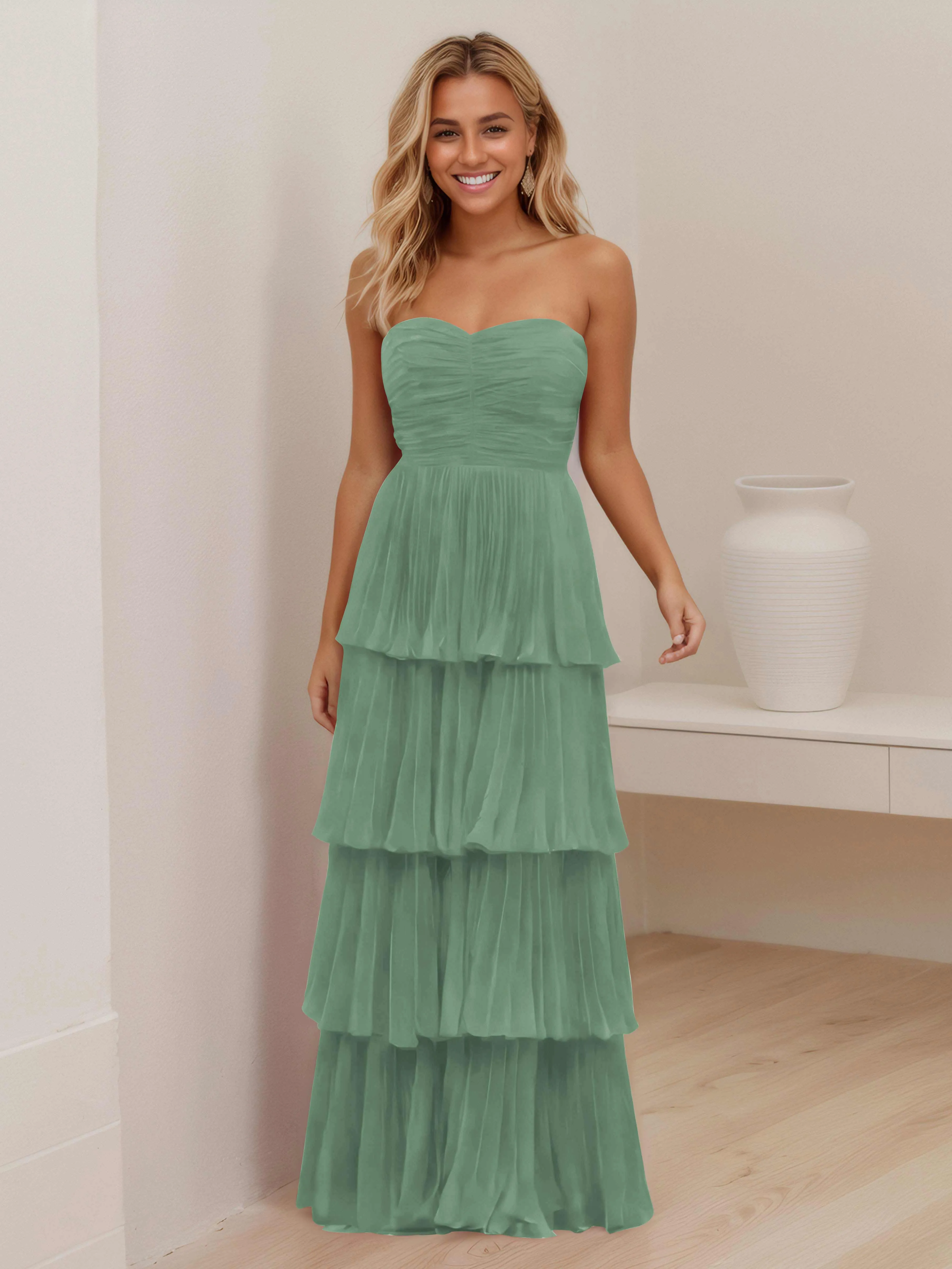 Aliana Stylish Strapless Tiered Long Wedding Guest Dresses