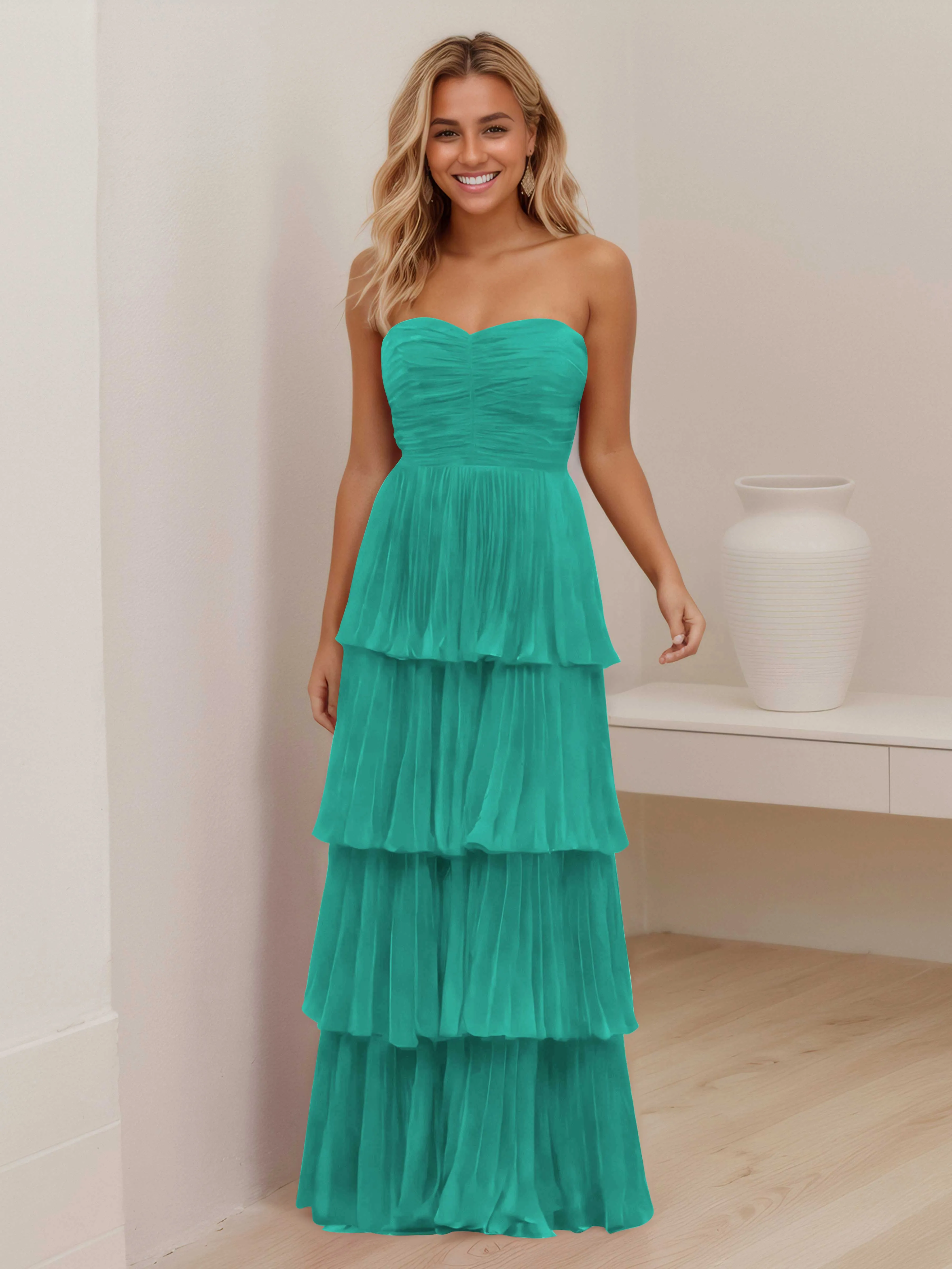 Aliana Stylish Strapless Tiered Long Wedding Guest Dresses