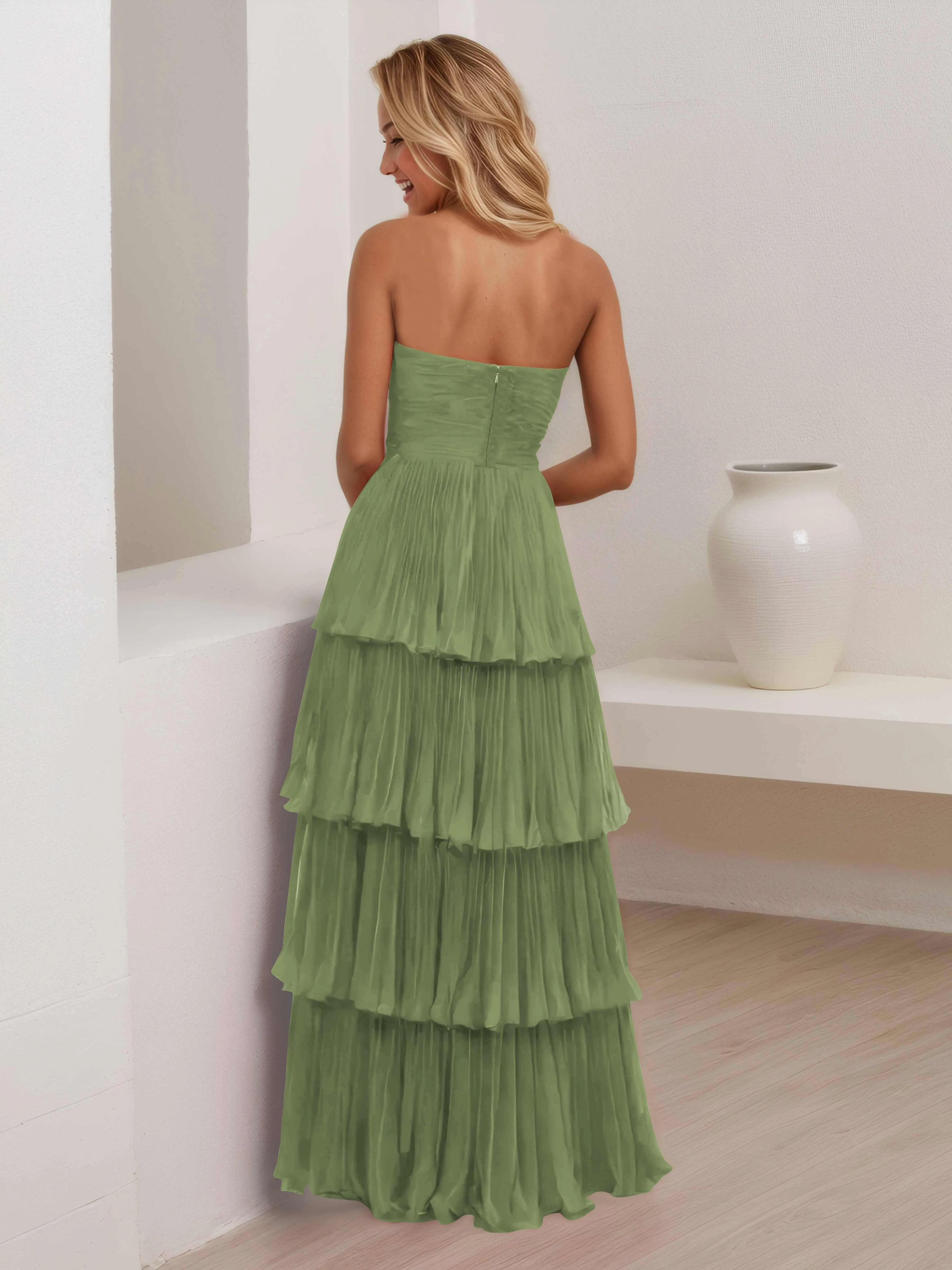 Aliana Stylish Strapless Tiered Long Wedding Guest Dresses