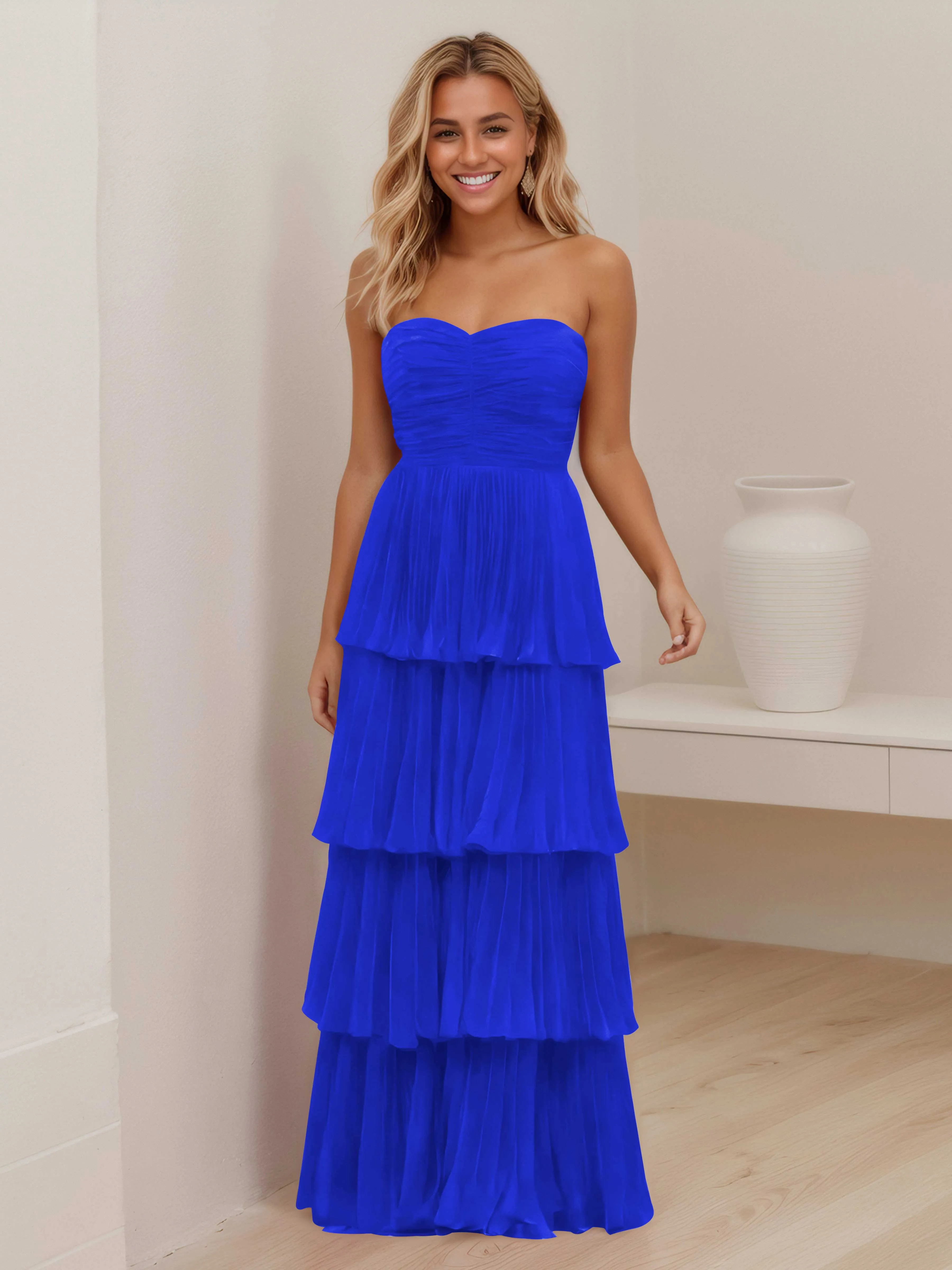Aliana Stylish Strapless Tiered Long Wedding Guest Dresses
