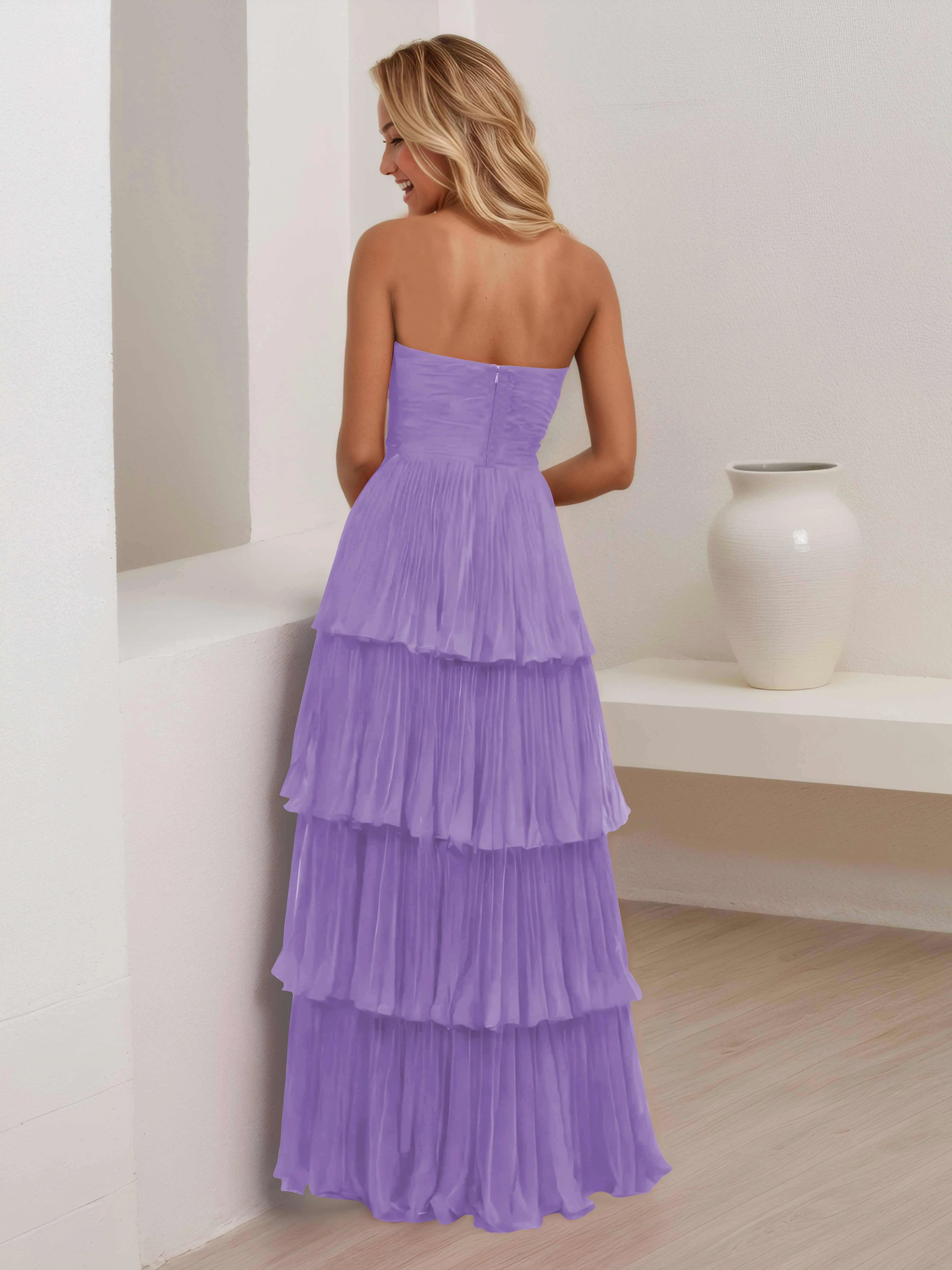 Aliana Stylish Strapless Tiered Long Wedding Guest Dresses
