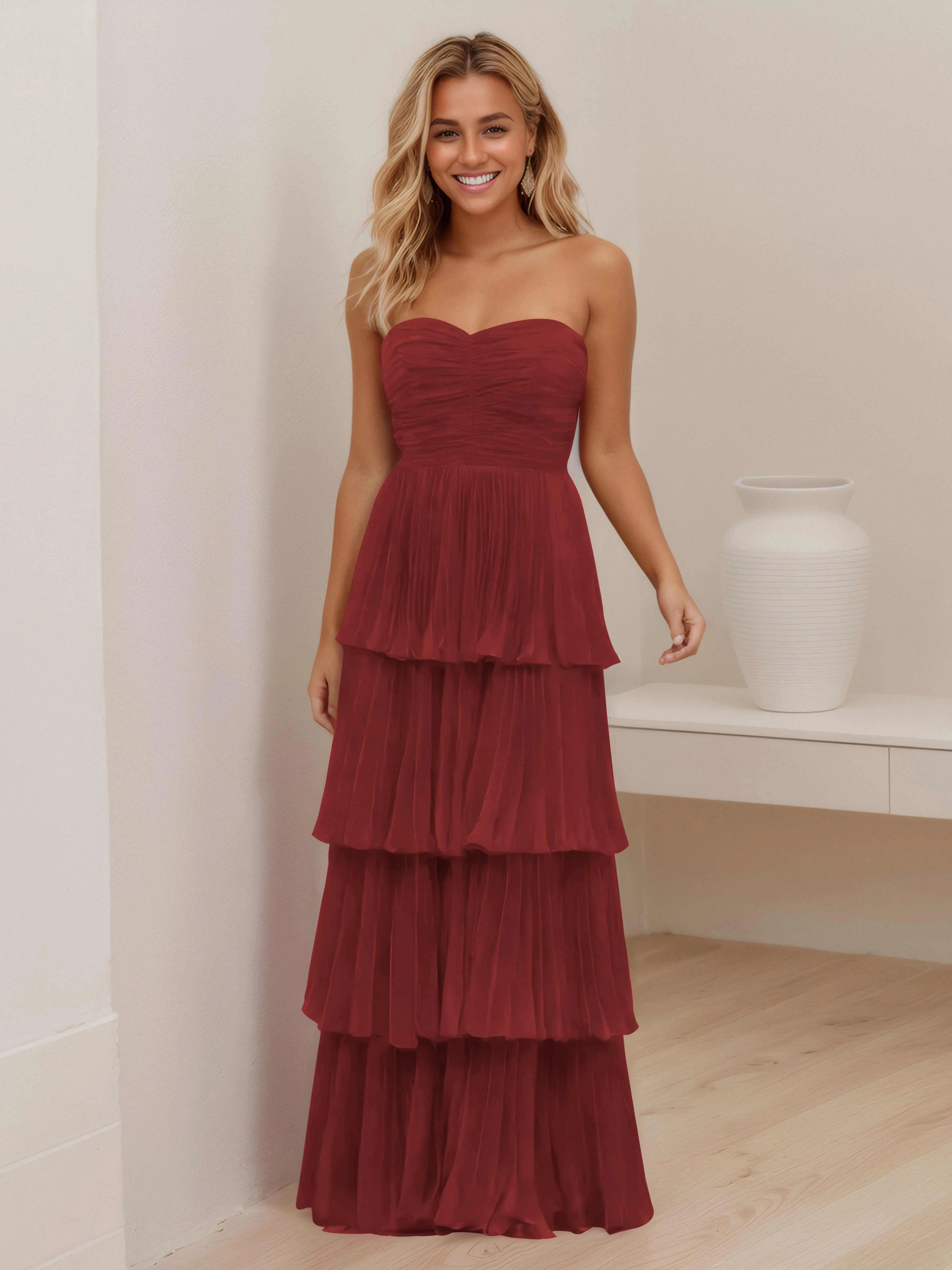 Aliana Stylish Strapless Tiered Long Wedding Guest Dresses