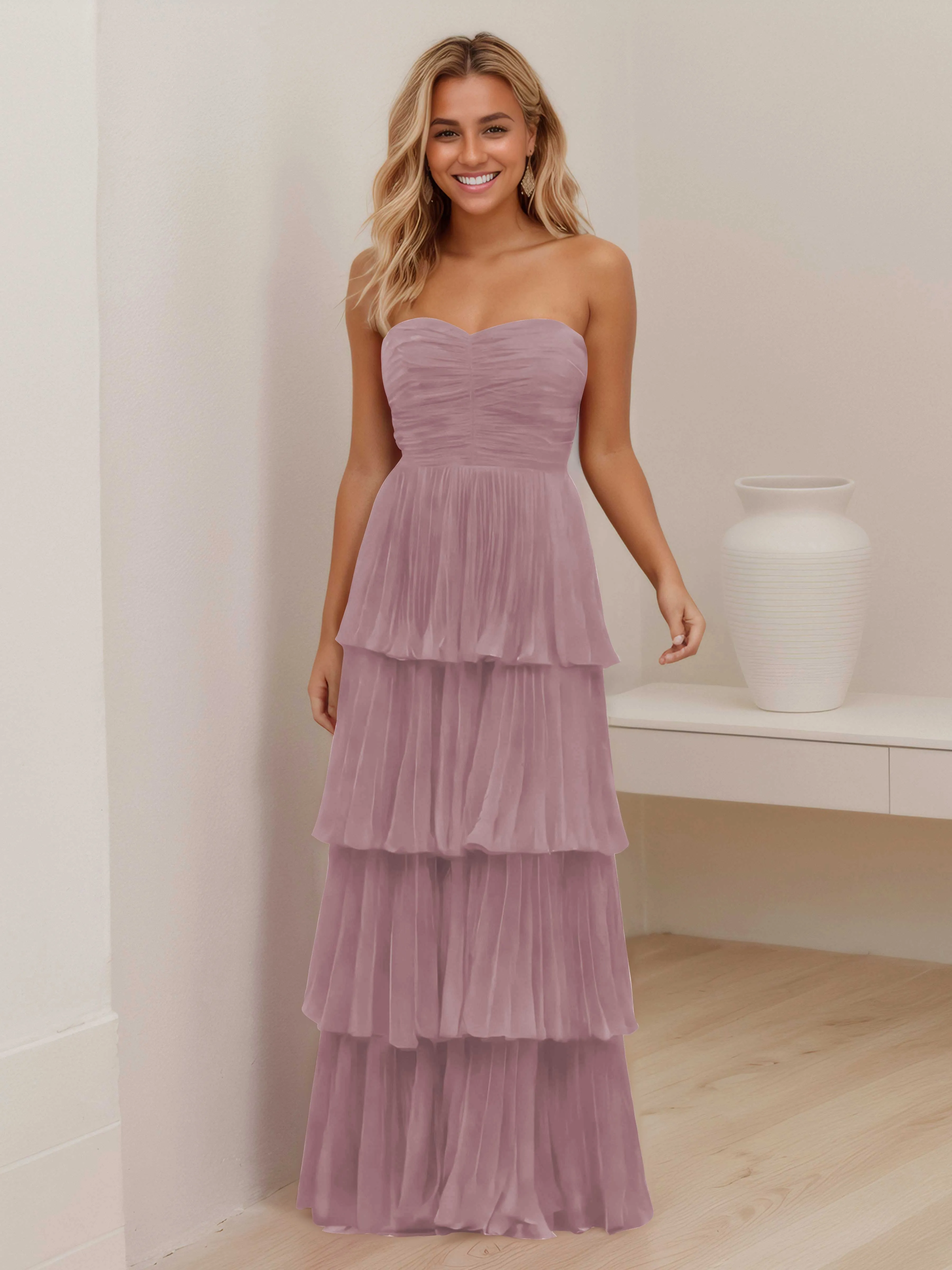 Aliana Stylish Strapless Tiered Long Wedding Guest Dresses
