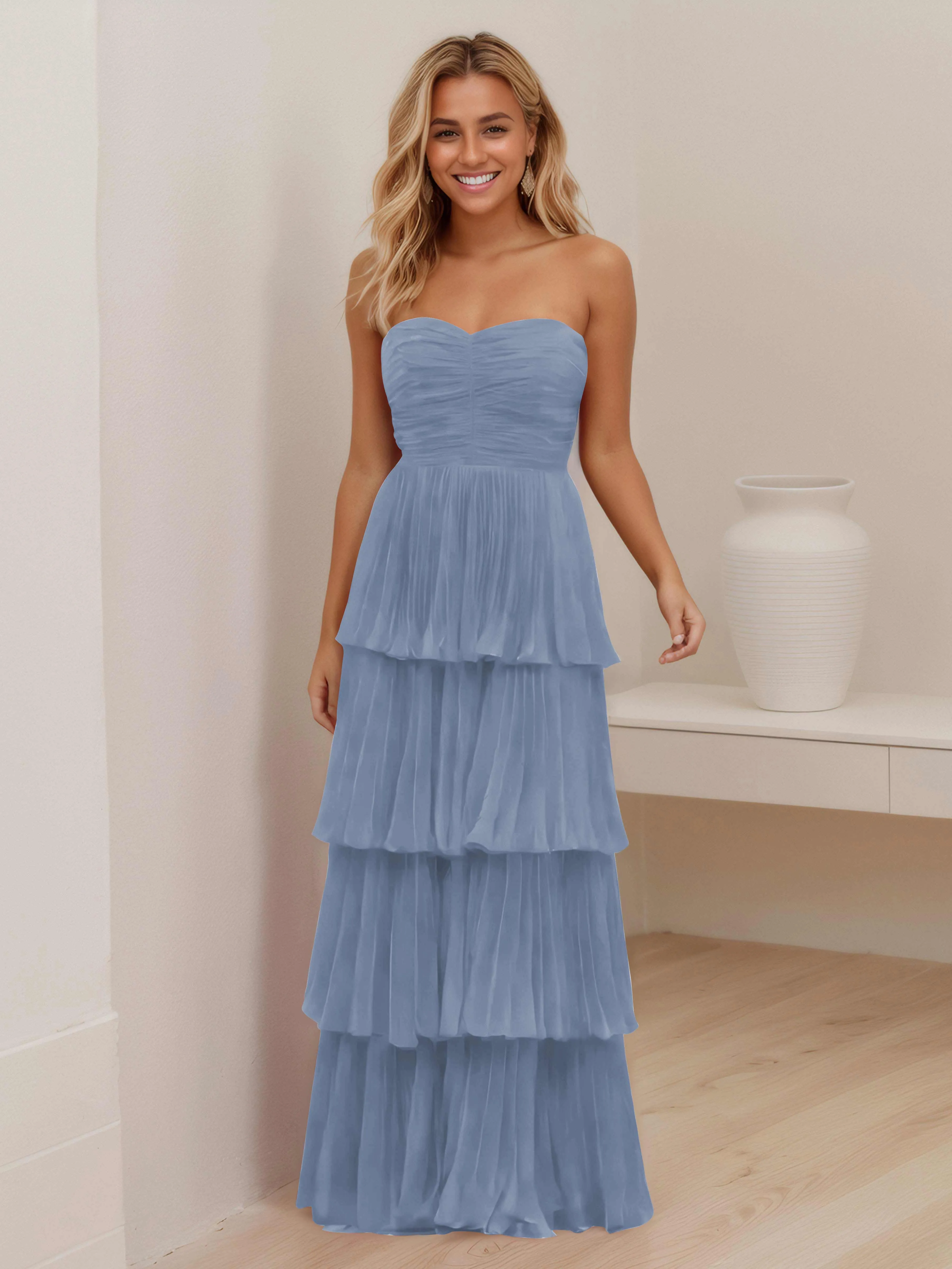 Aliana Stylish Strapless Tiered Long Wedding Guest Dresses