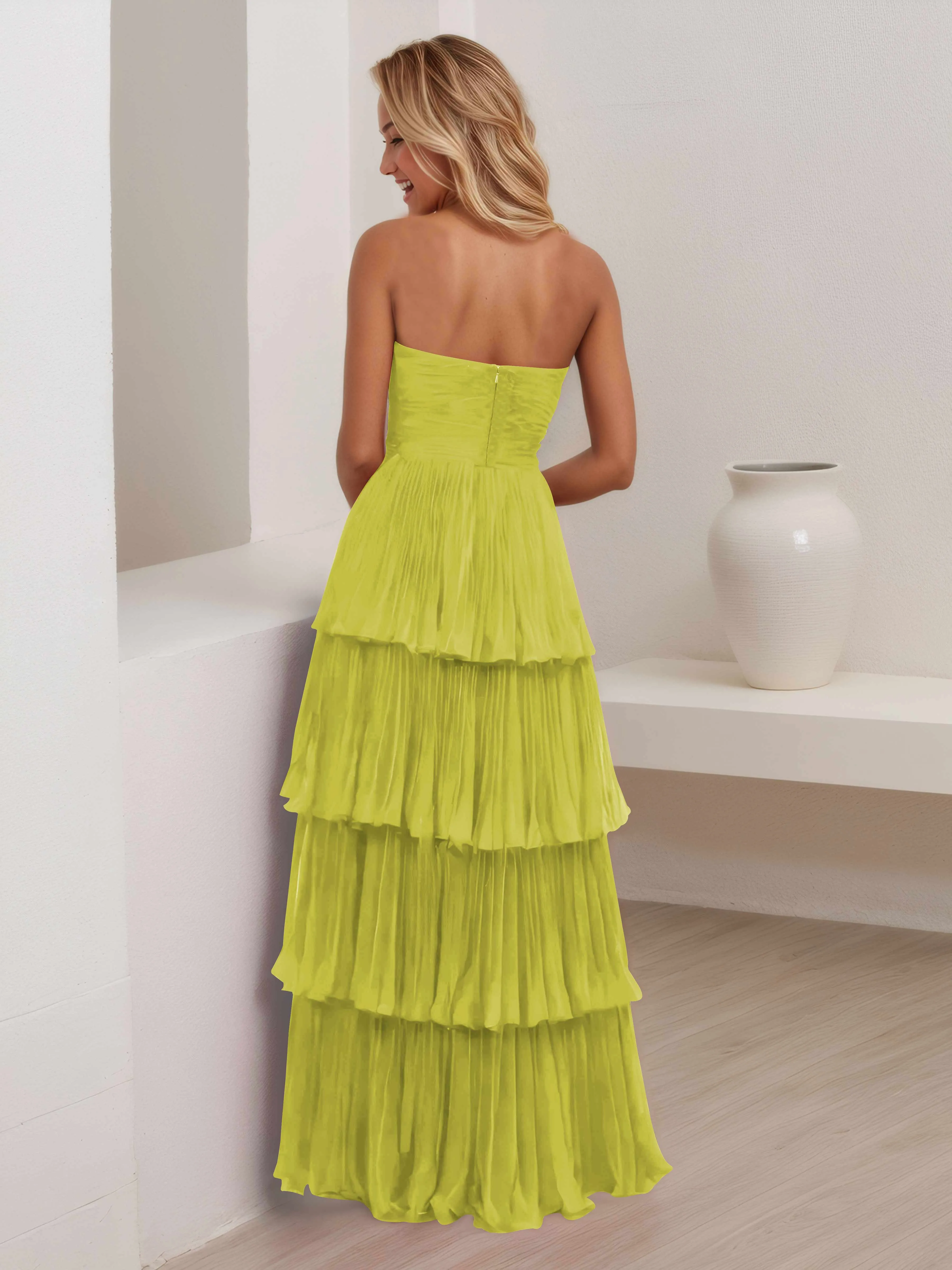 Aliana Stylish Strapless Tiered Long Wedding Guest Dresses