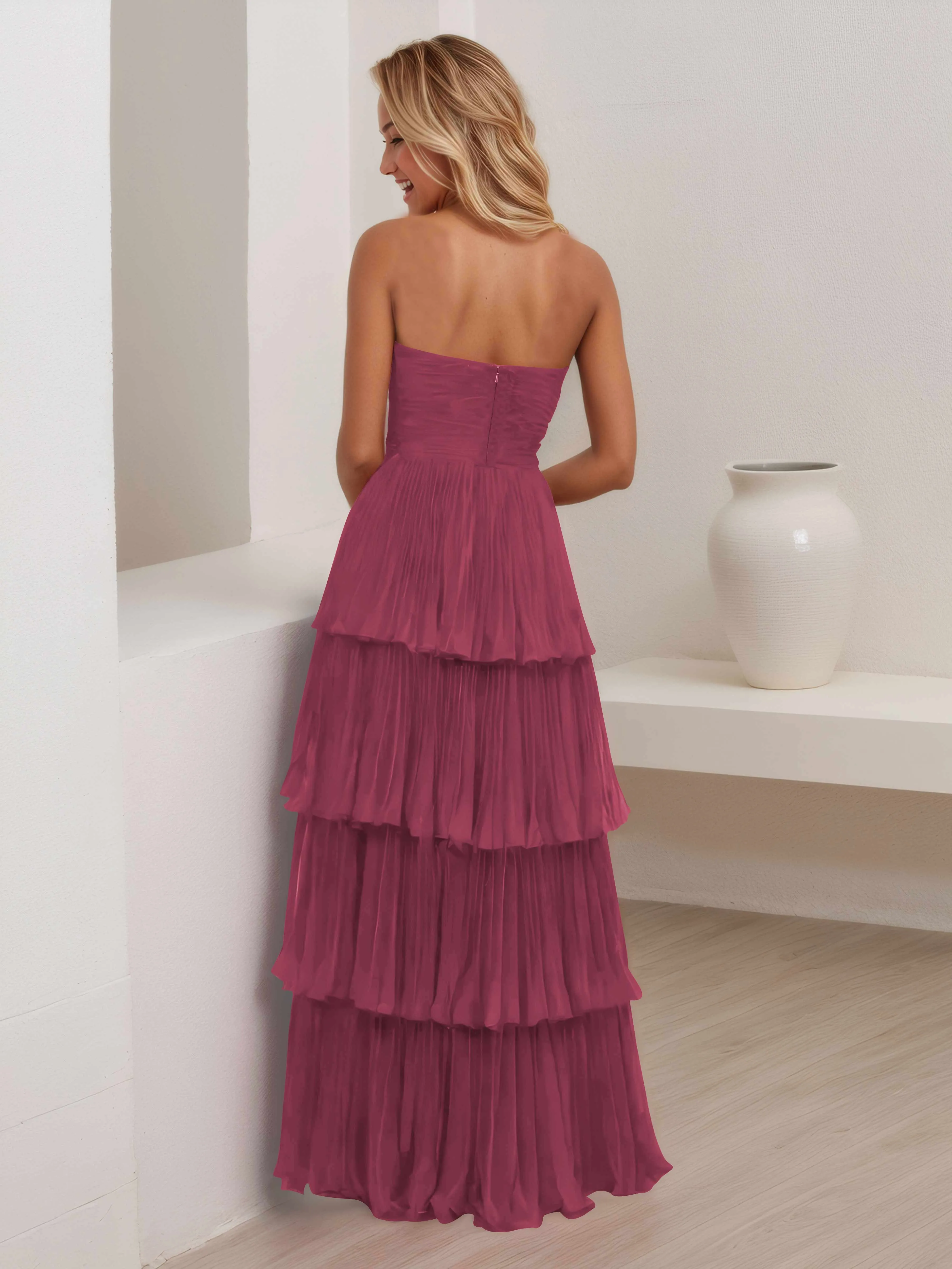 Aliana Stylish Strapless Tiered Long Wedding Guest Dresses