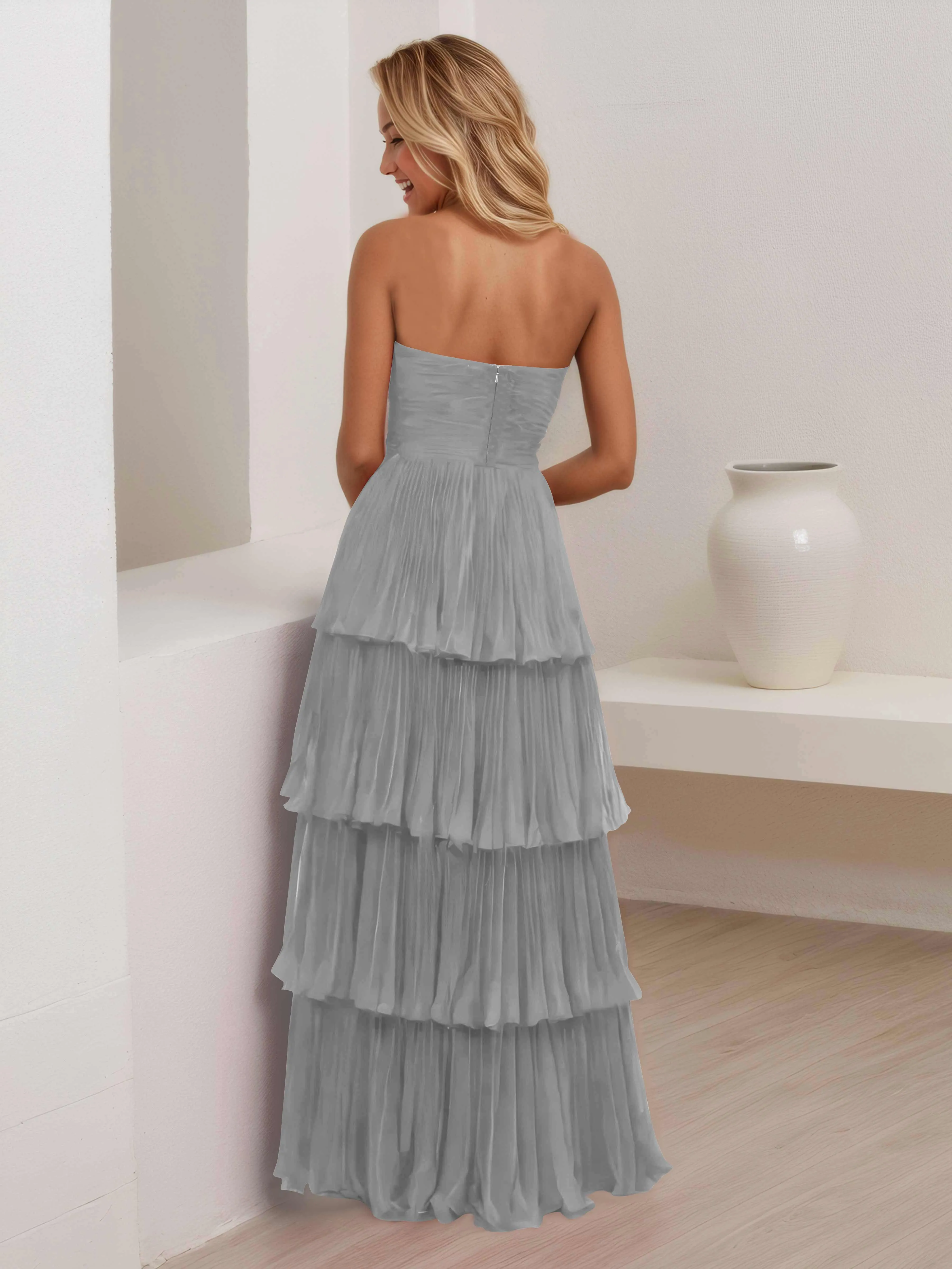 Aliana Stylish Strapless Tiered Long Wedding Guest Dresses