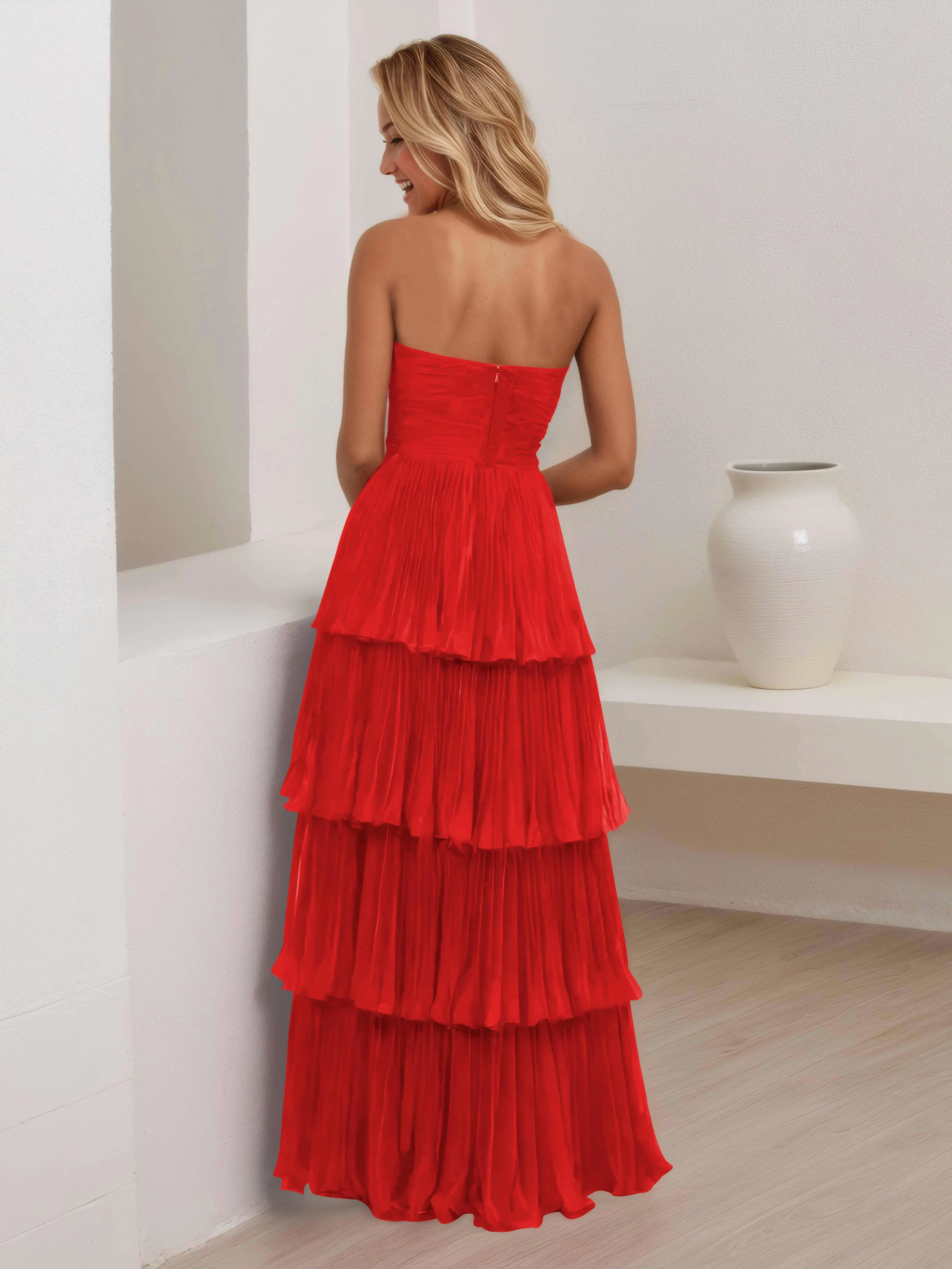 Aliana Stylish Strapless Tiered Long Wedding Guest Dresses