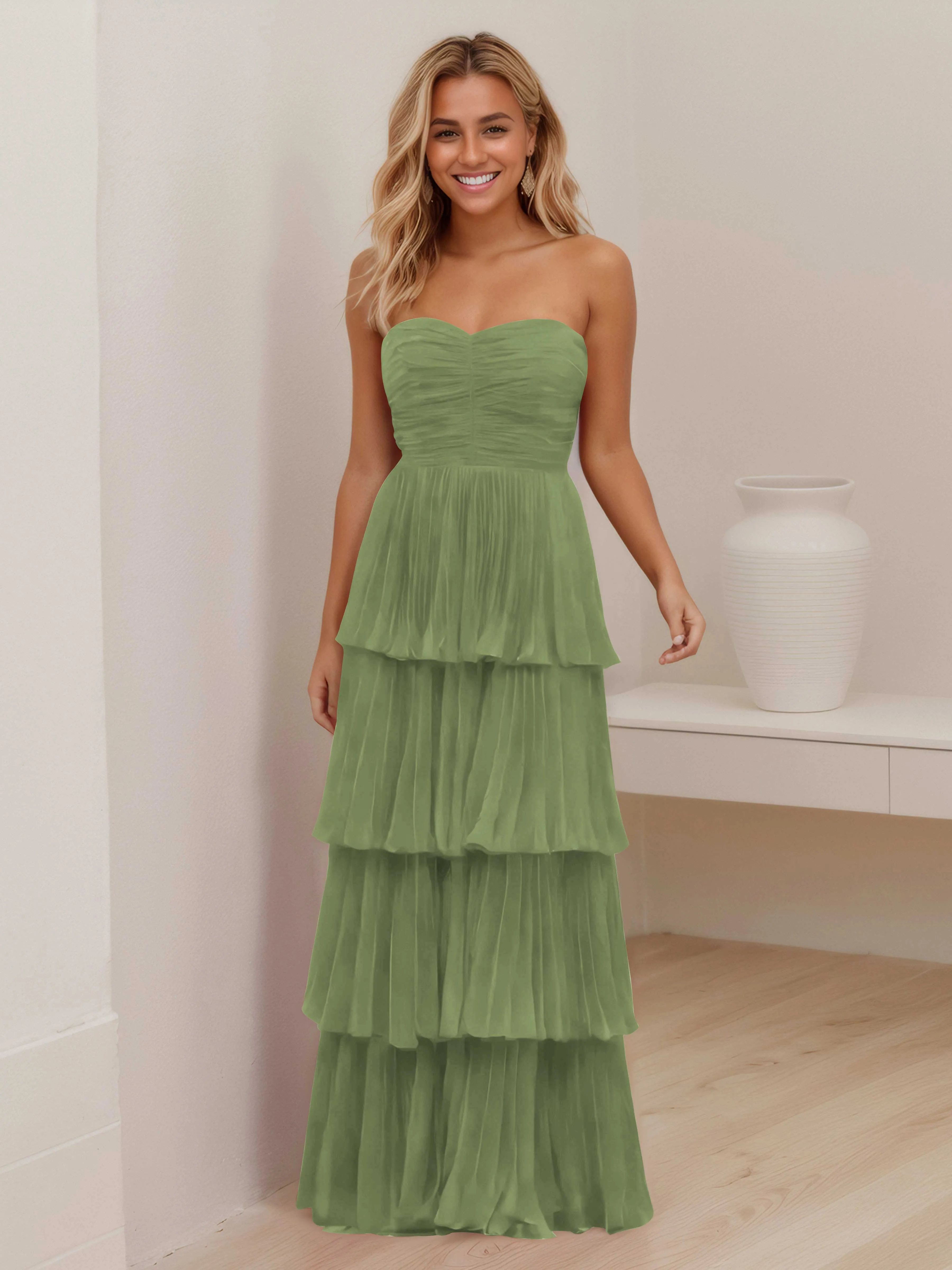 Aliana Stylish Strapless Tiered Long Wedding Guest Dresses