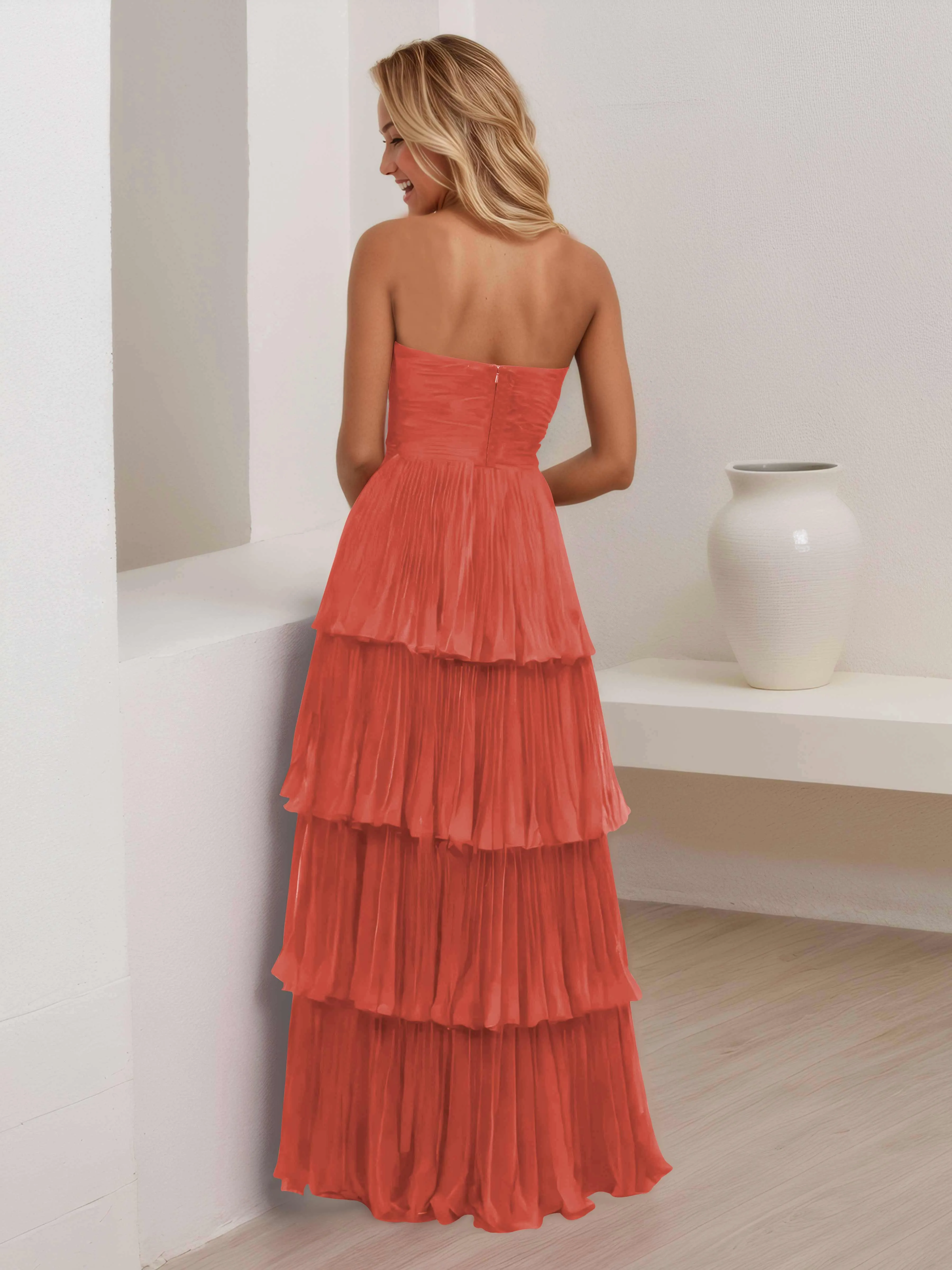 Aliana Stylish Strapless Tiered Long Wedding Guest Dresses