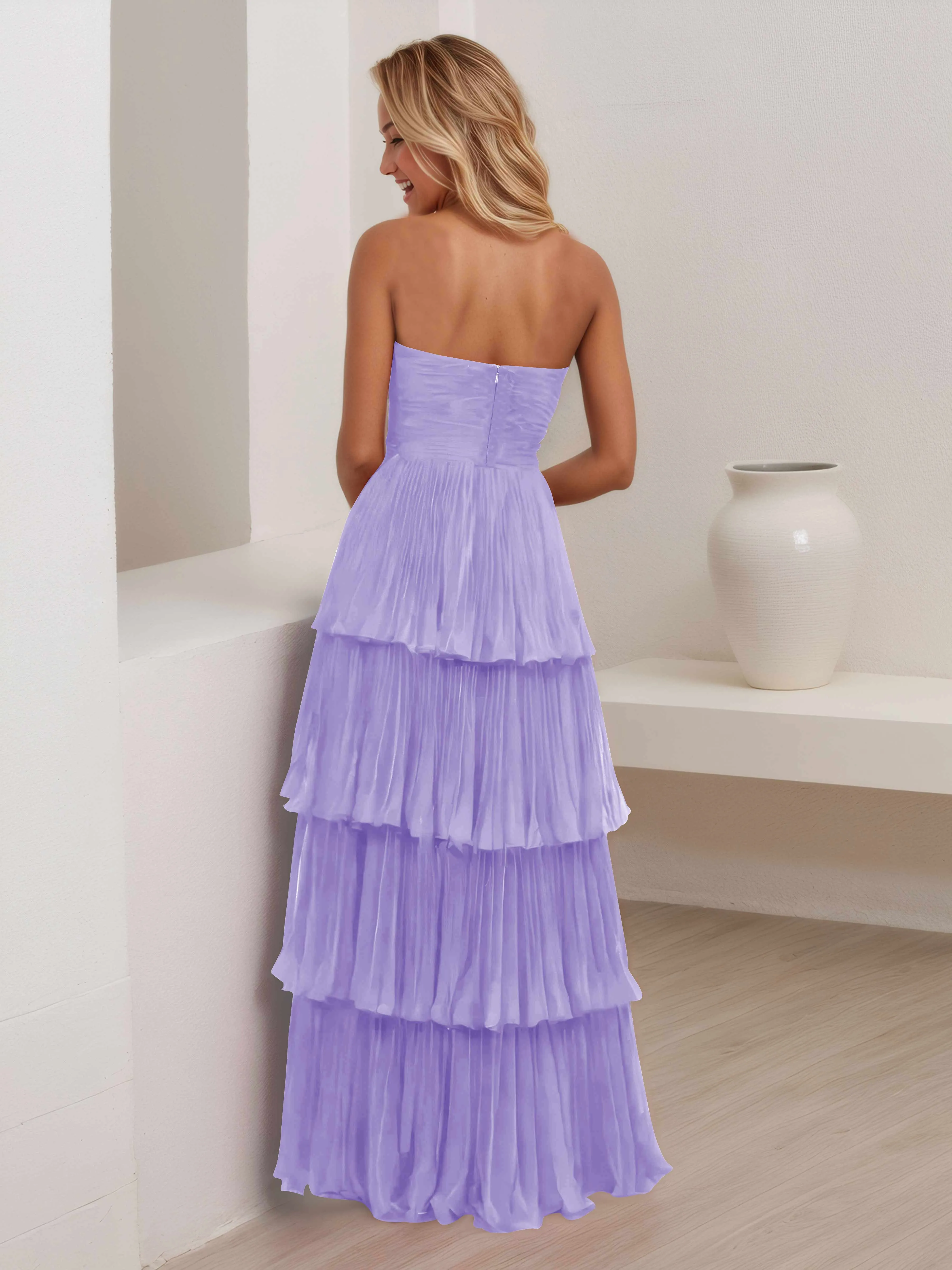 Aliana Stylish Strapless Tiered Long Wedding Guest Dresses