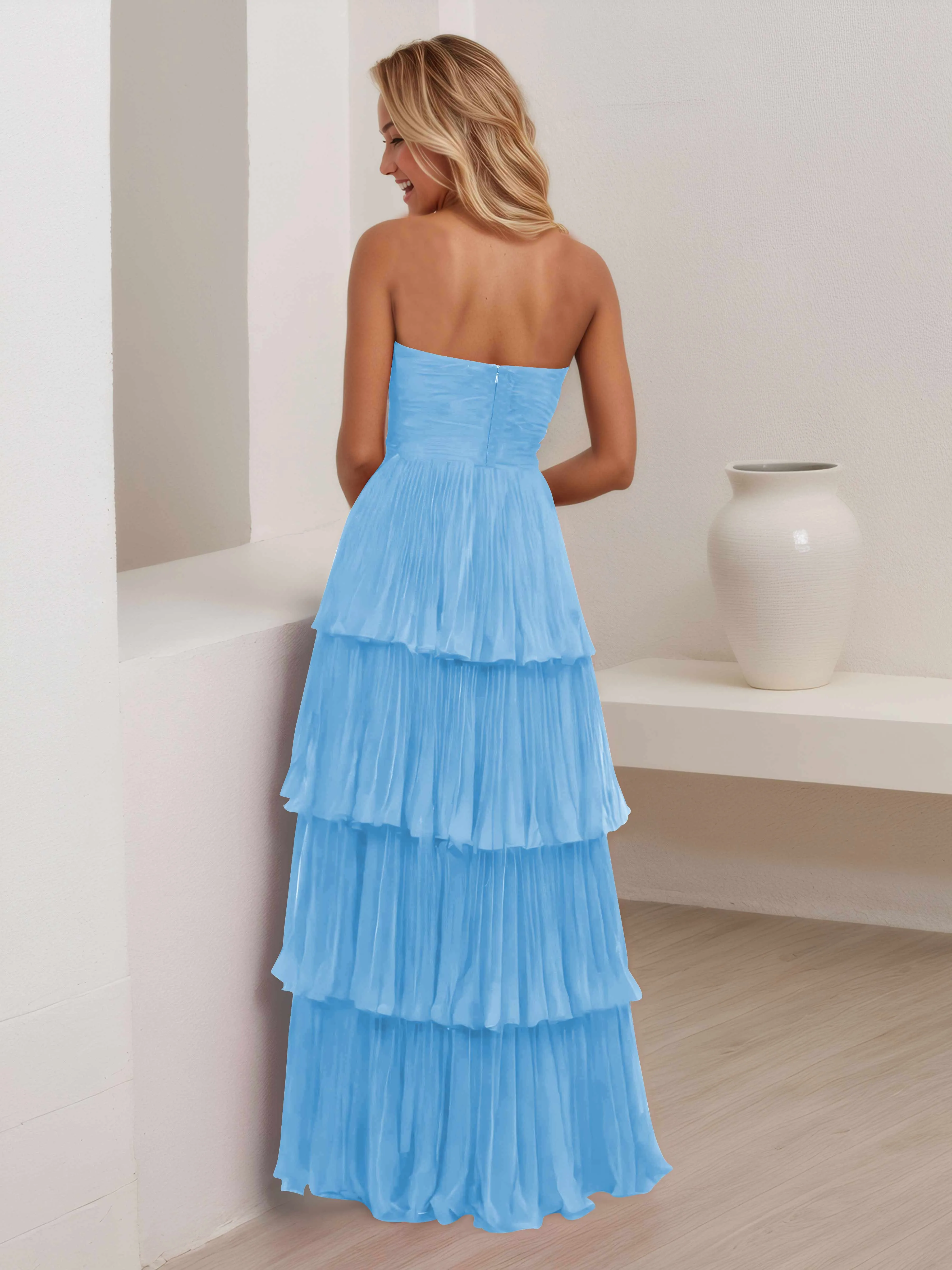 Aliana Stylish Strapless Tiered Long Wedding Guest Dresses