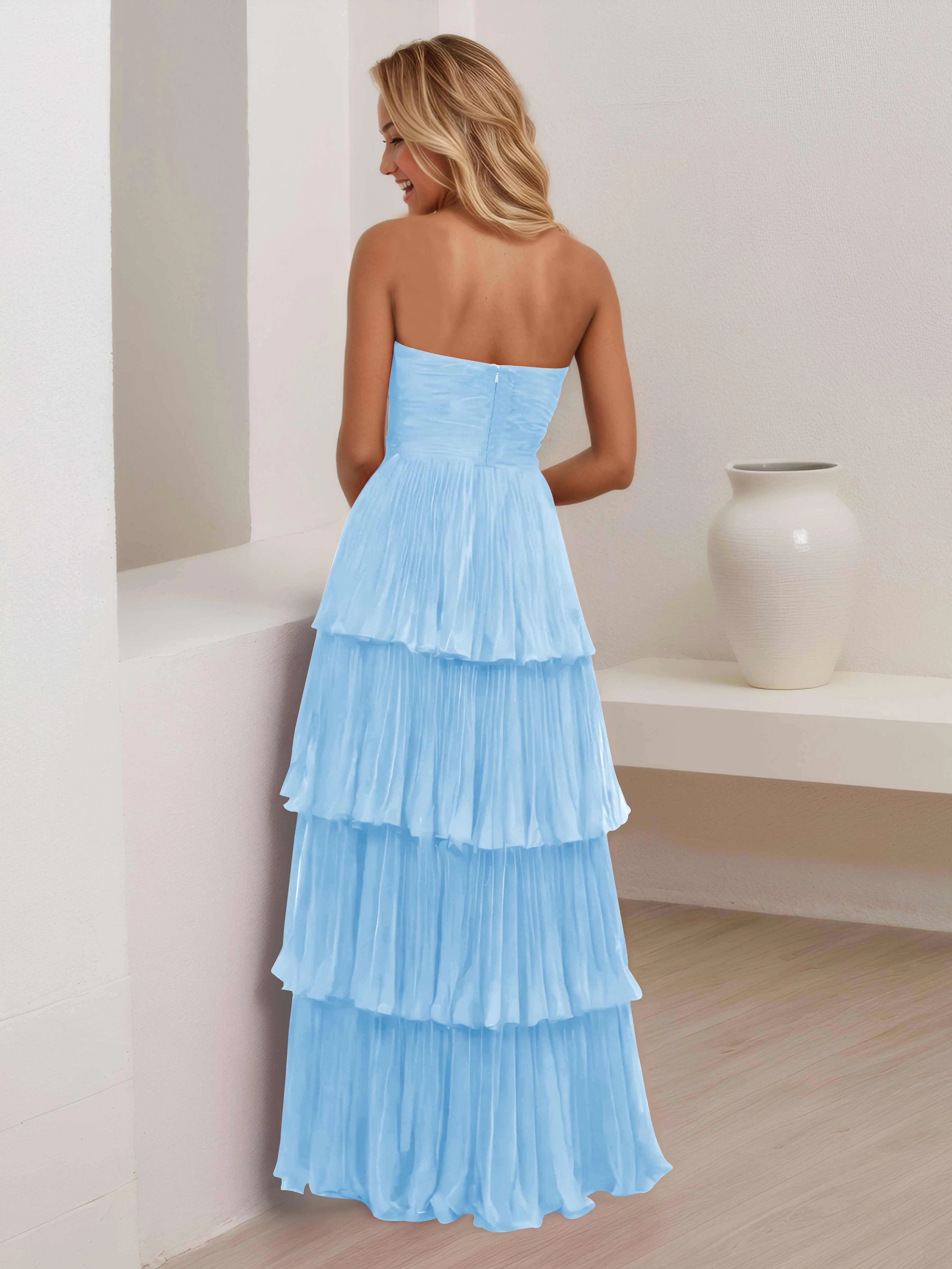 Aliana Stylish Strapless Tiered Long Wedding Guest Dresses