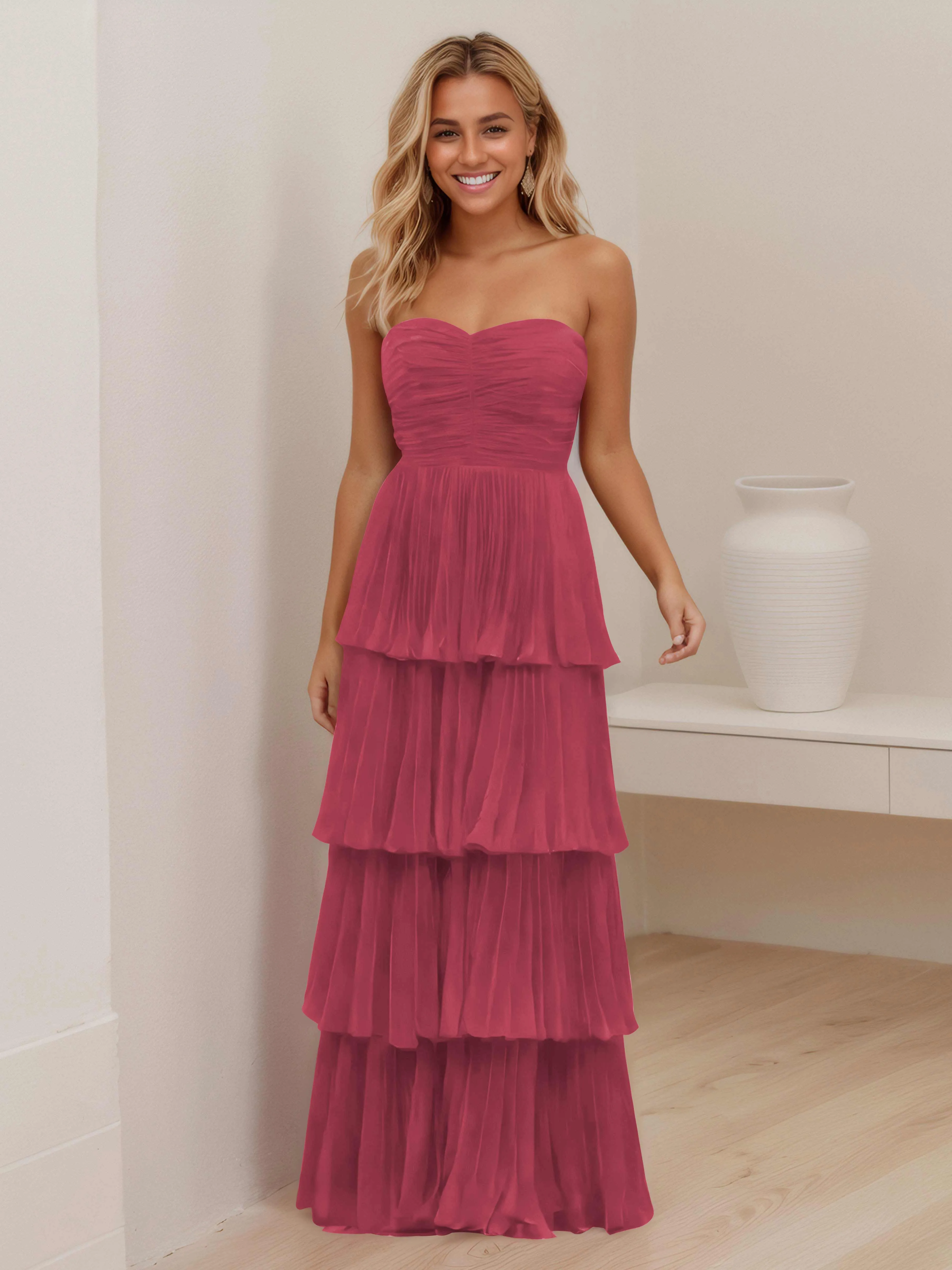 Aliana Stylish Strapless Tiered Long Wedding Guest Dresses