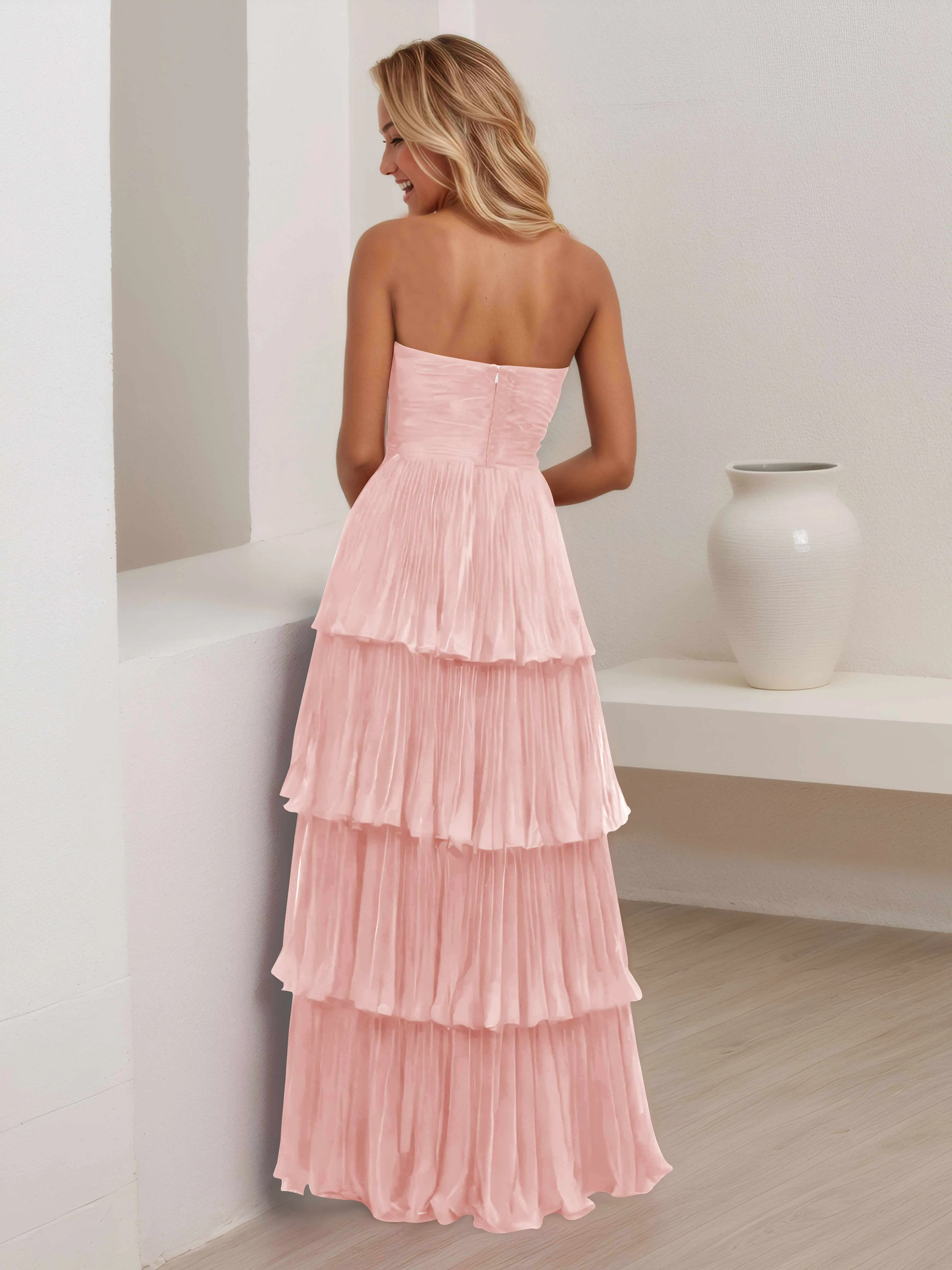 Aliana Stylish Strapless Tiered Long Wedding Guest Dresses