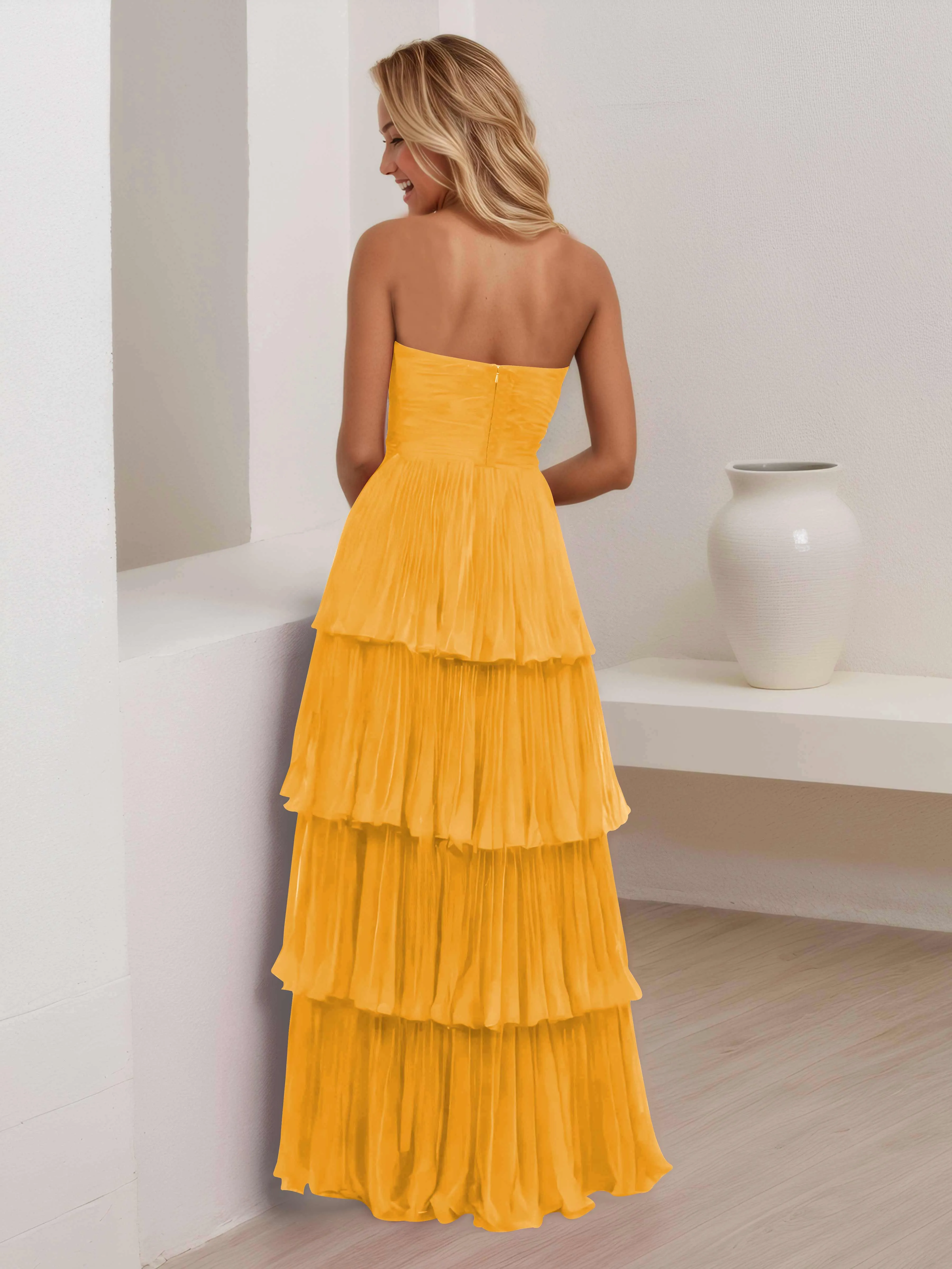 Aliana Stylish Strapless Tiered Long Wedding Guest Dresses