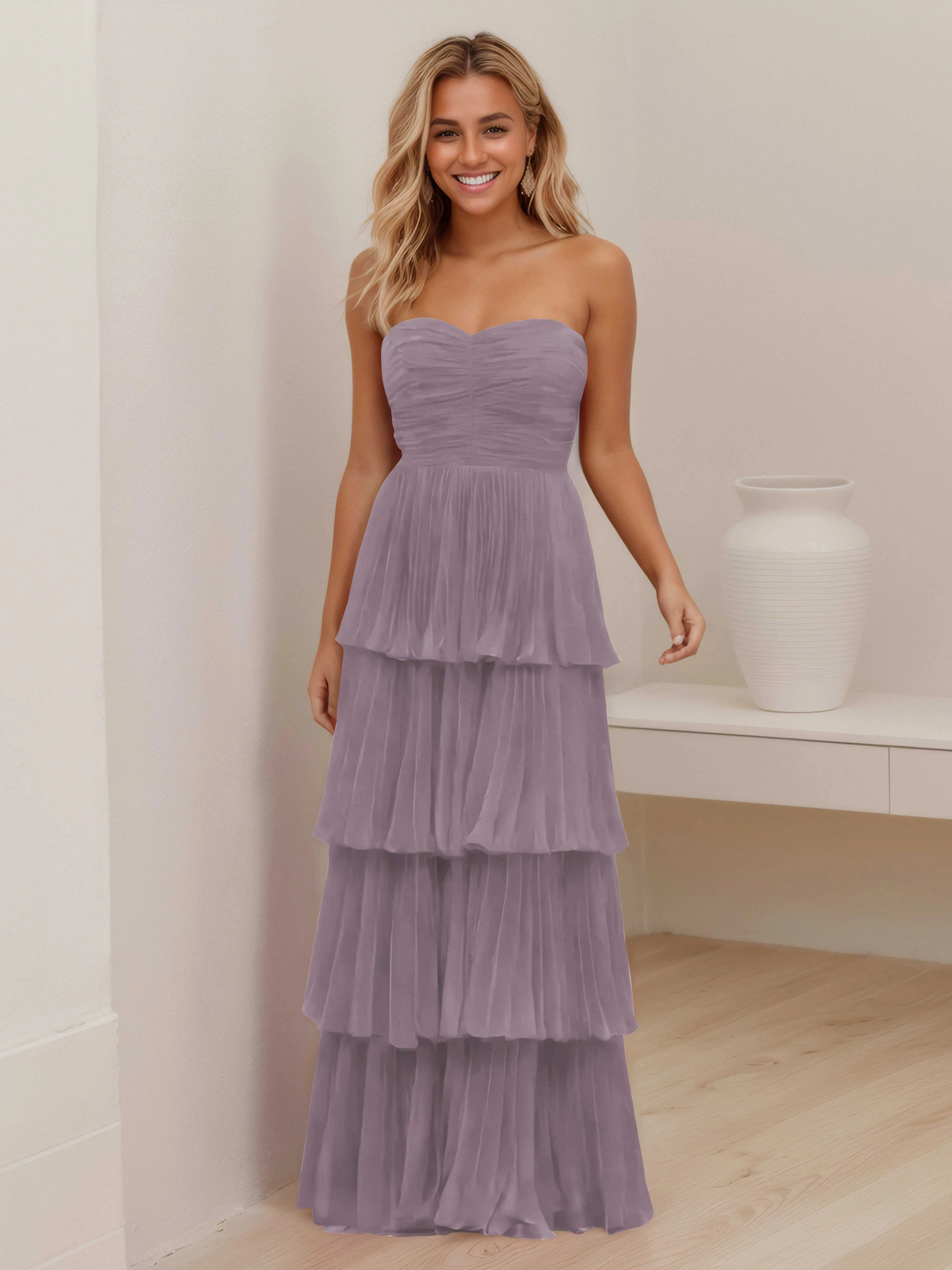 Aliana Stylish Strapless Tiered Long Wedding Guest Dresses