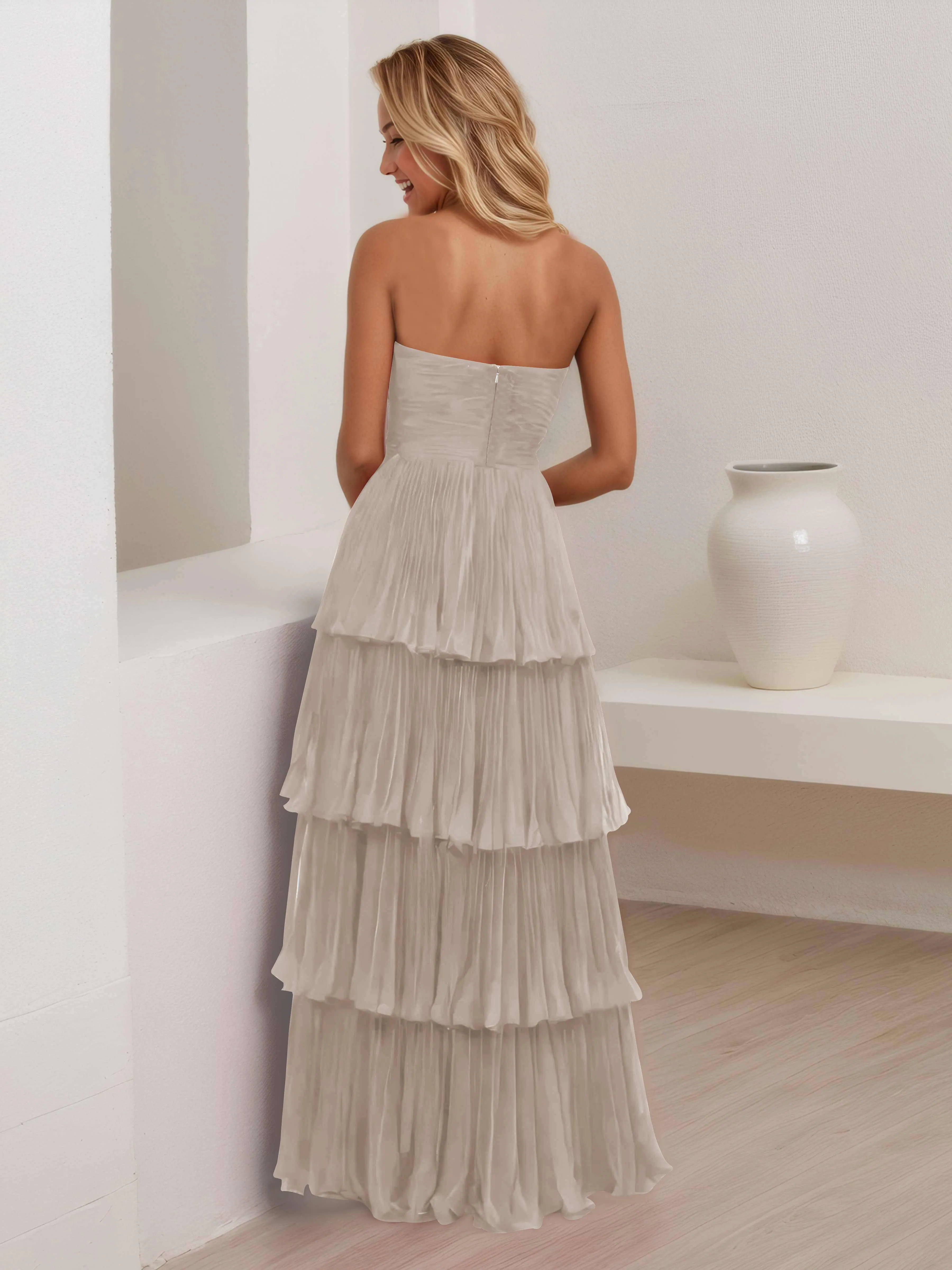Aliana Stylish Strapless Tiered Long Wedding Guest Dresses