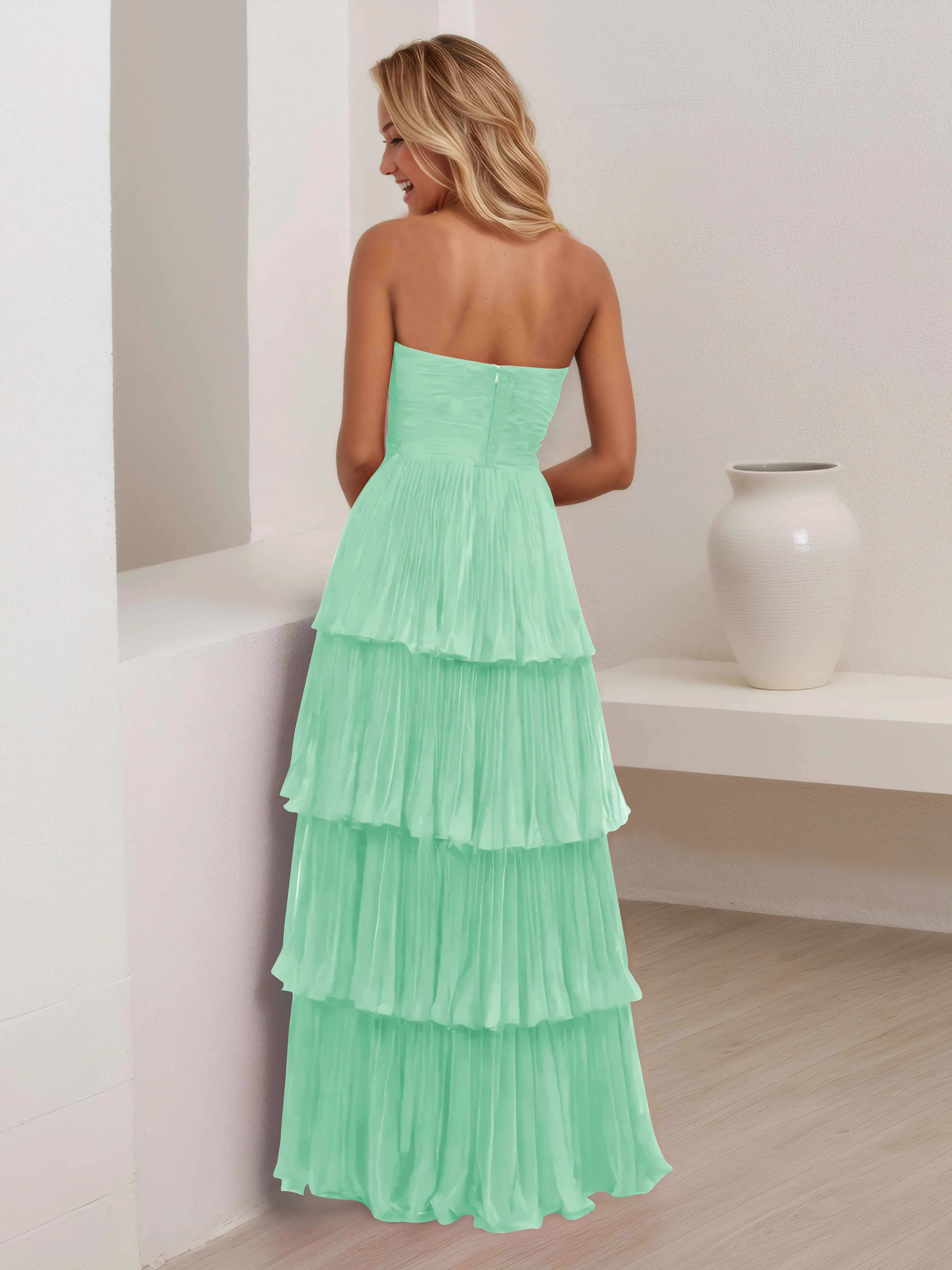 Aliana Stylish Strapless Tiered Long Wedding Guest Dresses