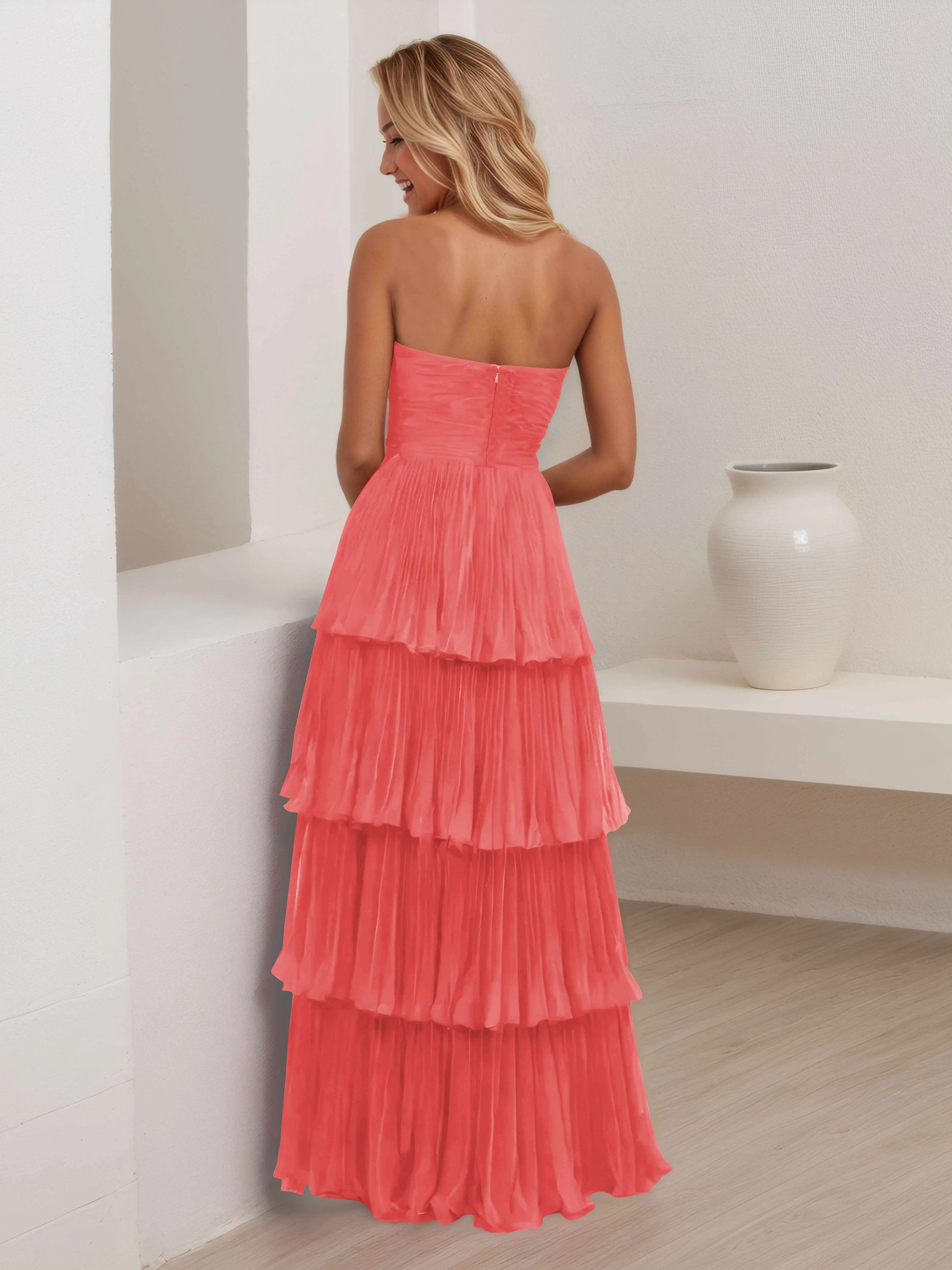 Aliana Stylish Strapless Tiered Long Wedding Guest Dresses