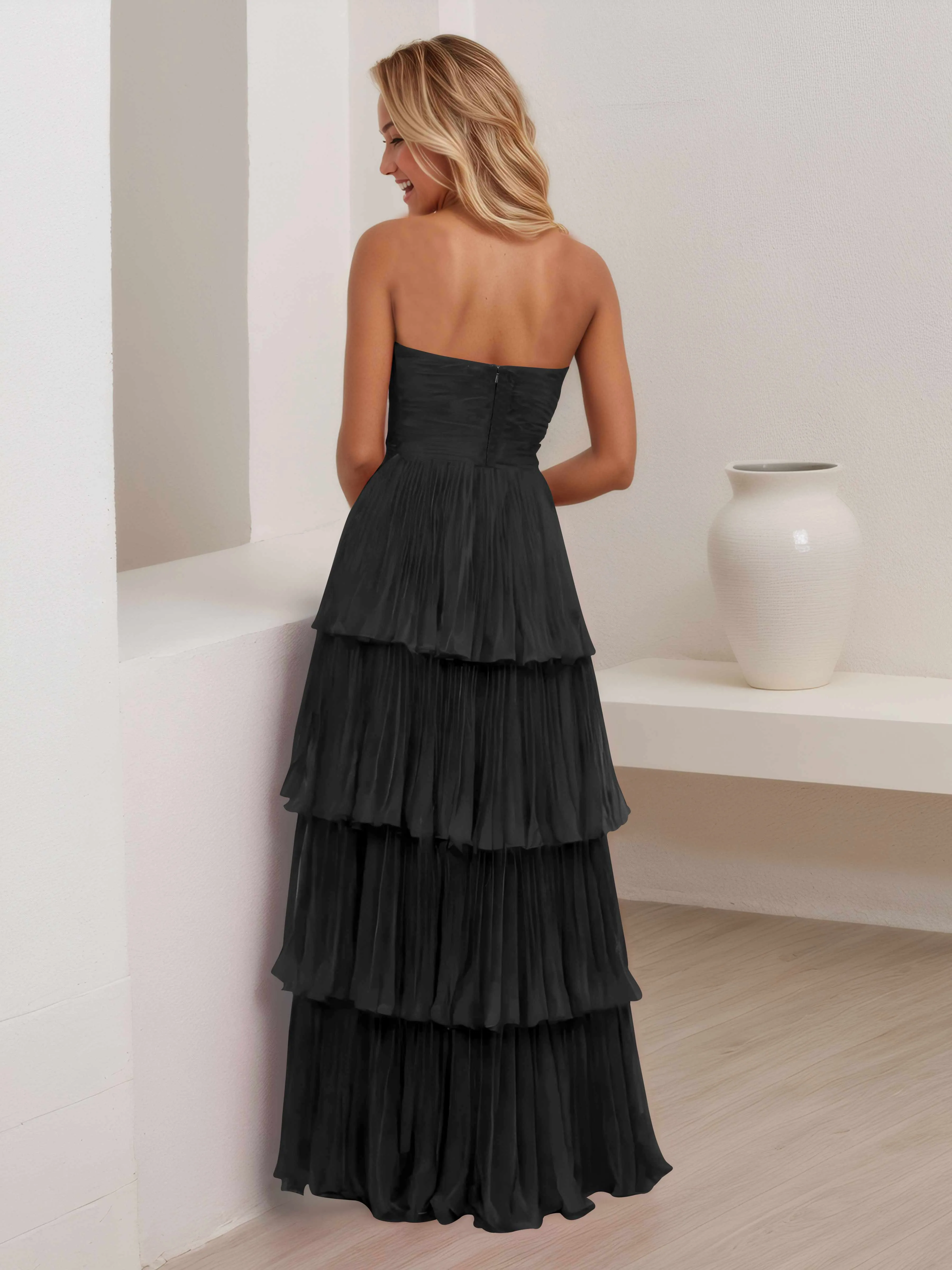 Aliana Stylish Strapless Tiered Long Wedding Guest Dresses