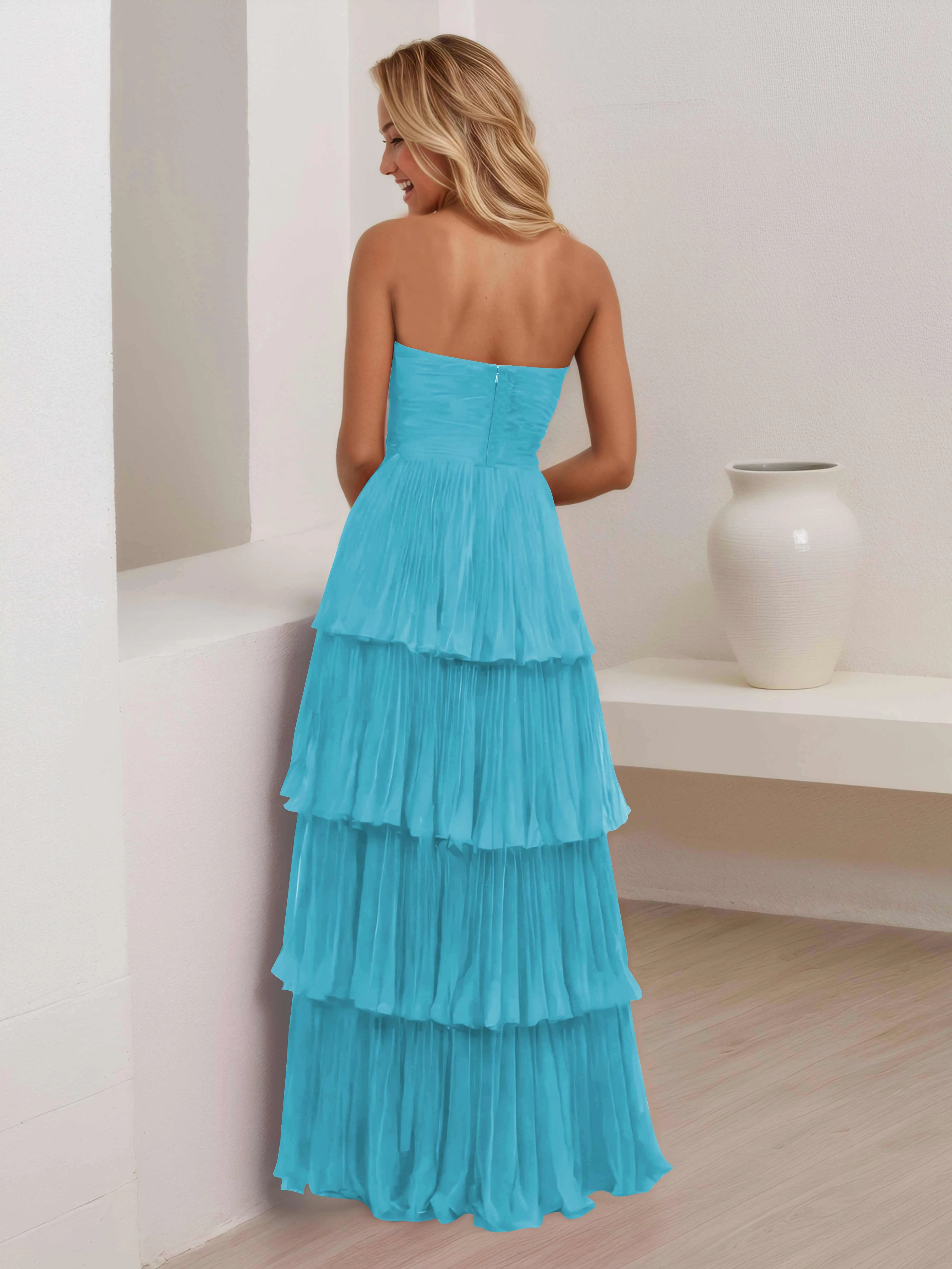 Aliana Stylish Strapless Tiered Long Wedding Guest Dresses