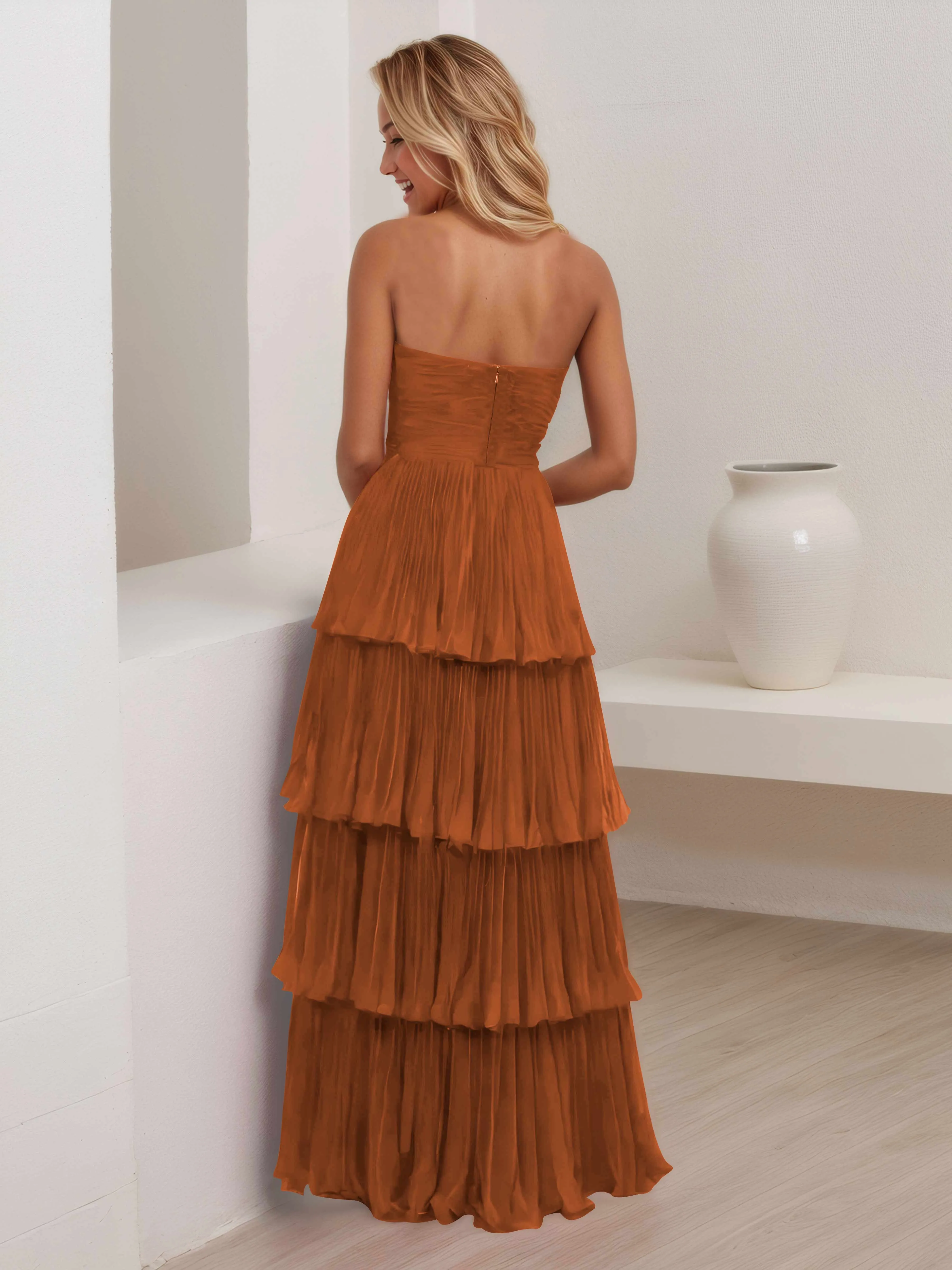 Aliana Stylish Strapless Tiered Long Wedding Guest Dresses