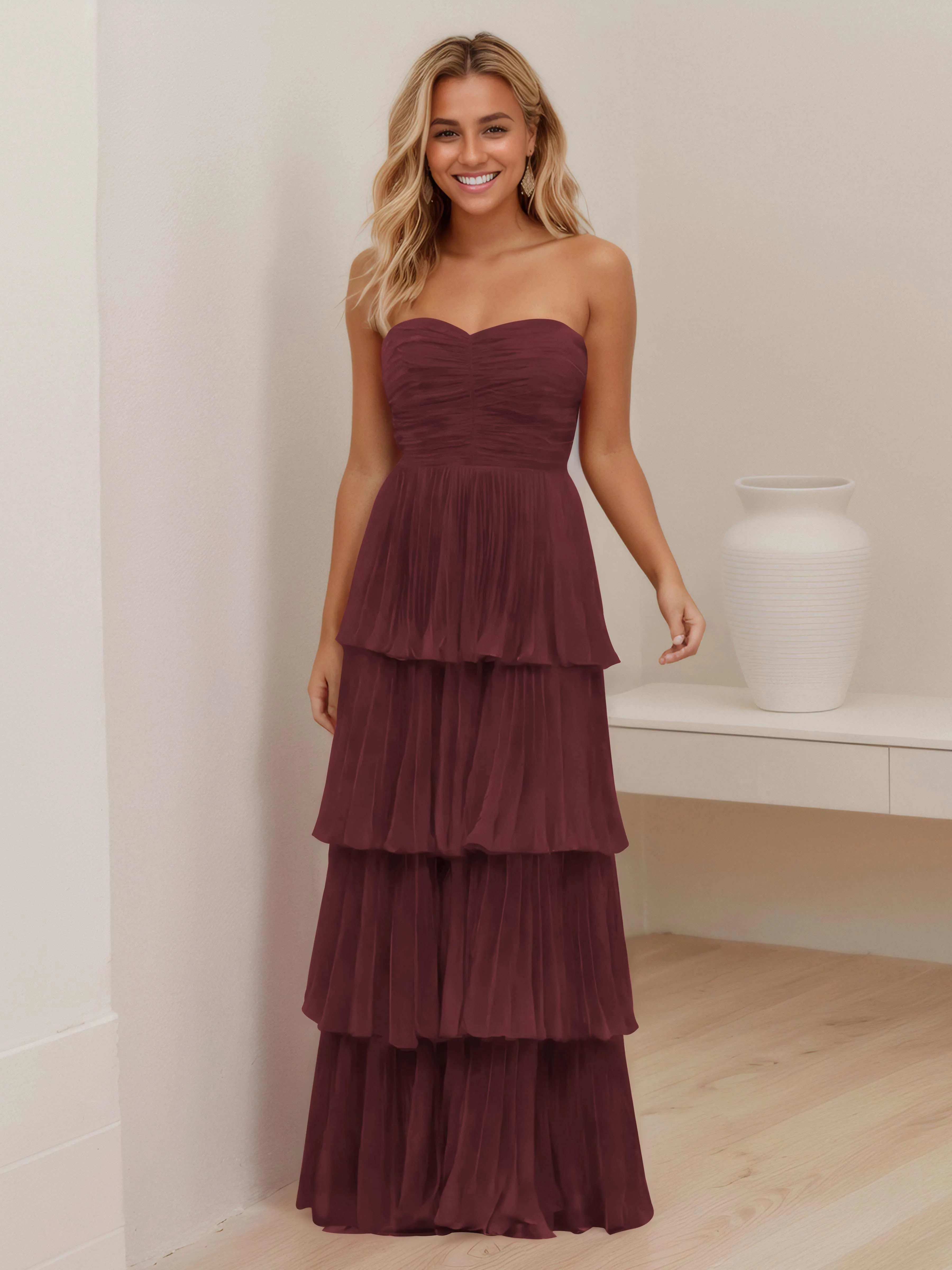 Aliana Stylish Strapless Tiered Long Wedding Guest Dresses