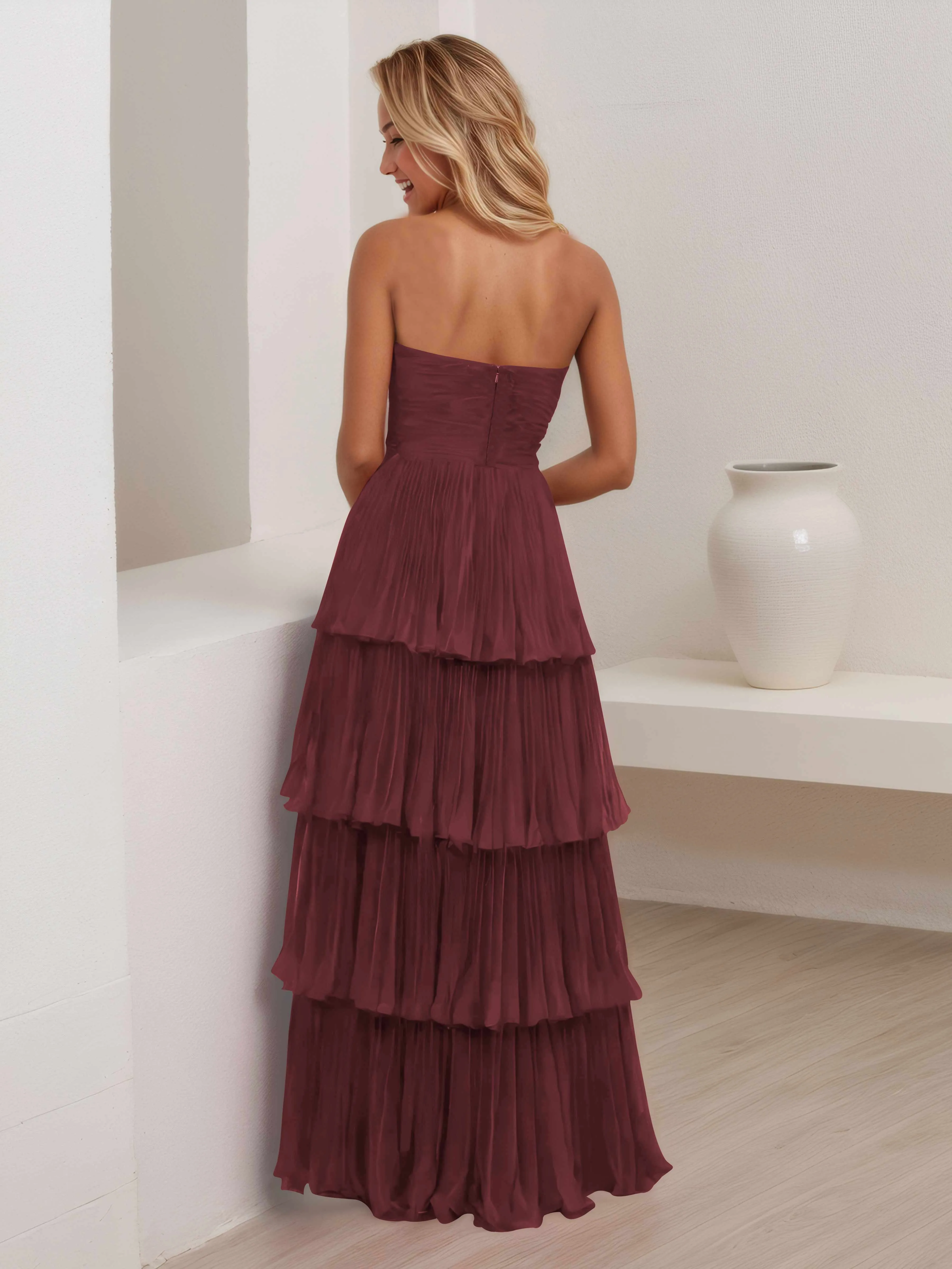 Aliana Stylish Strapless Tiered Long Wedding Guest Dresses