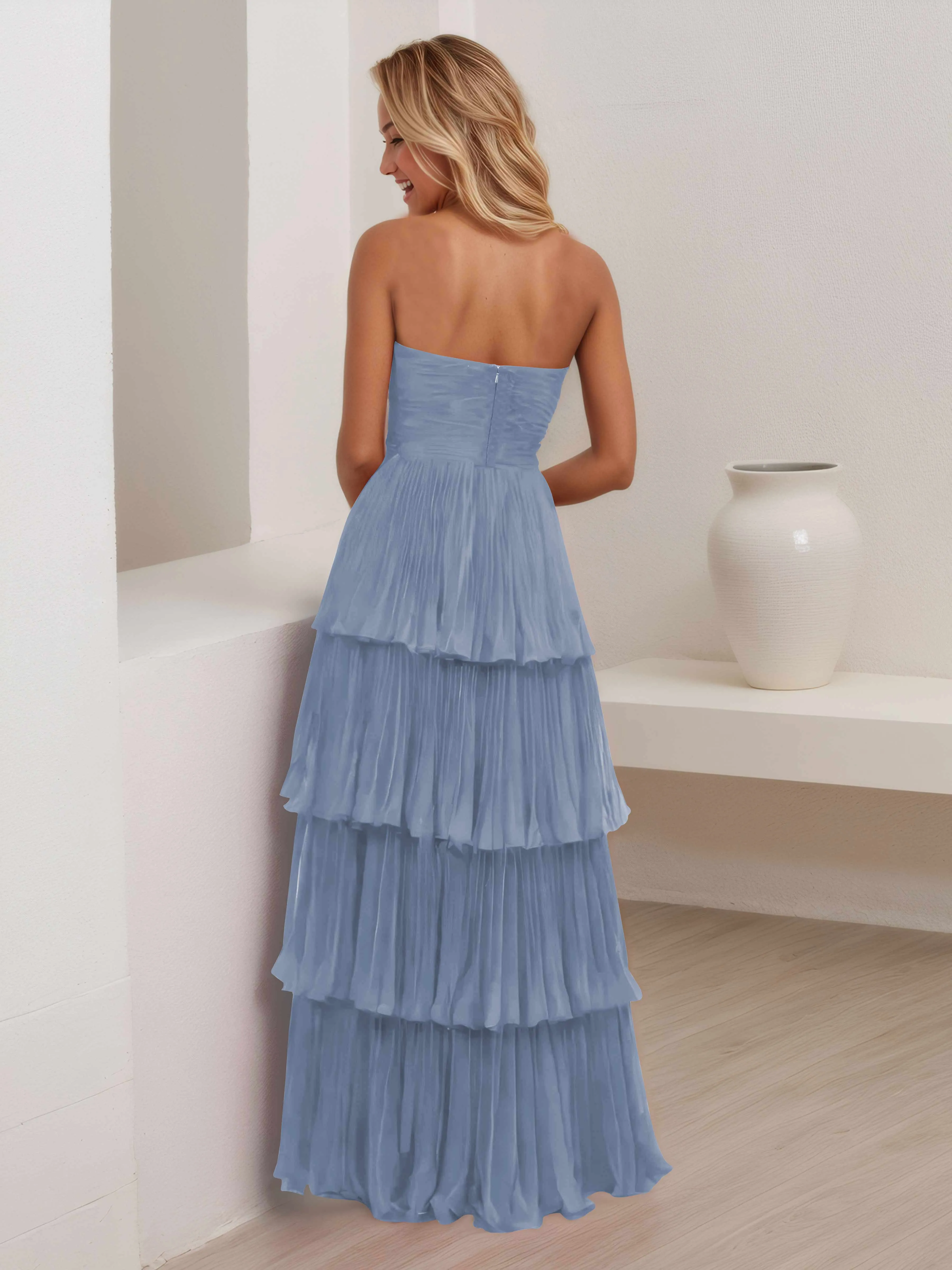 Aliana Stylish Strapless Tiered Long Wedding Guest Dresses