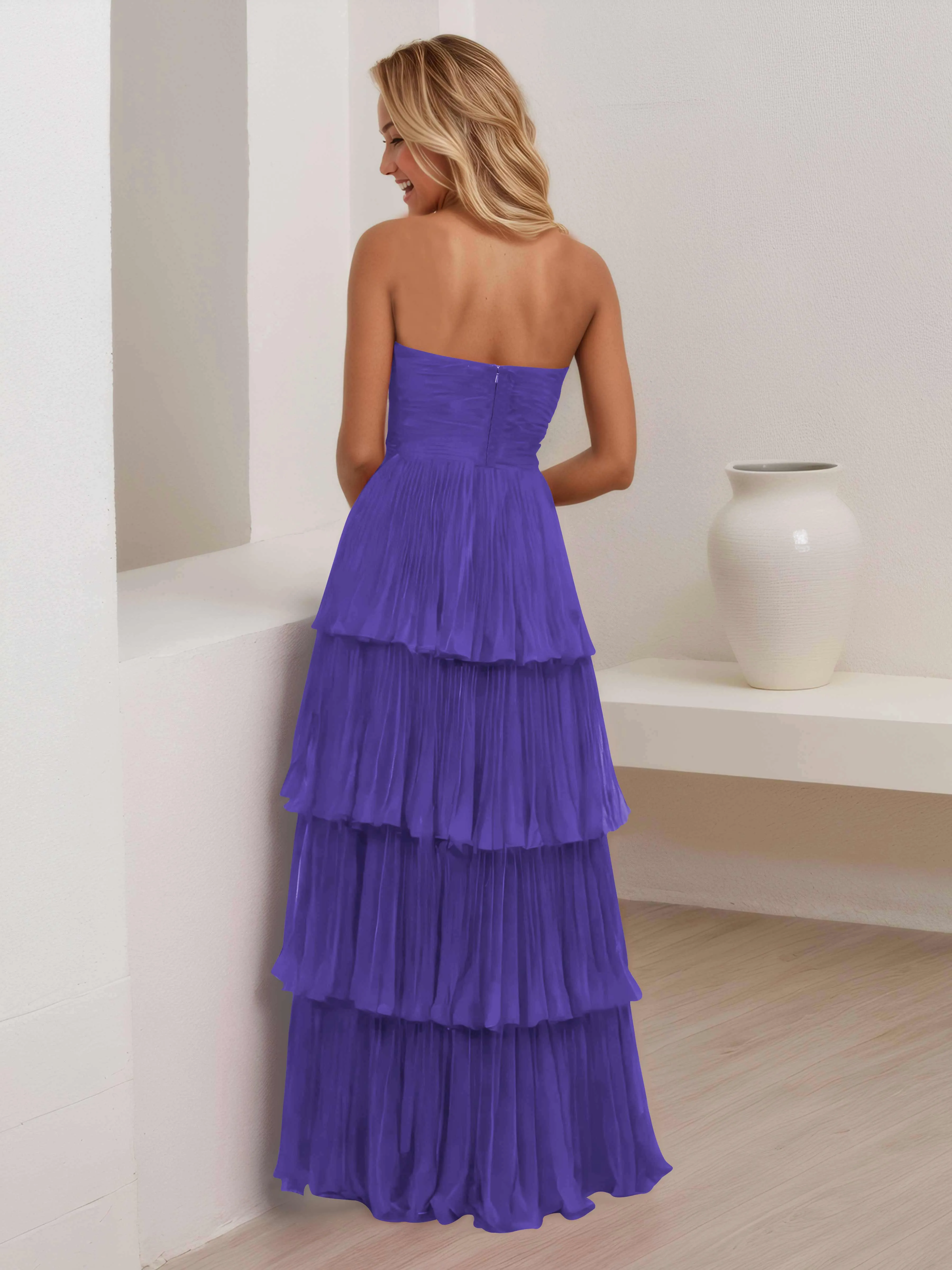 Aliana Stylish Strapless Tiered Long Wedding Guest Dresses