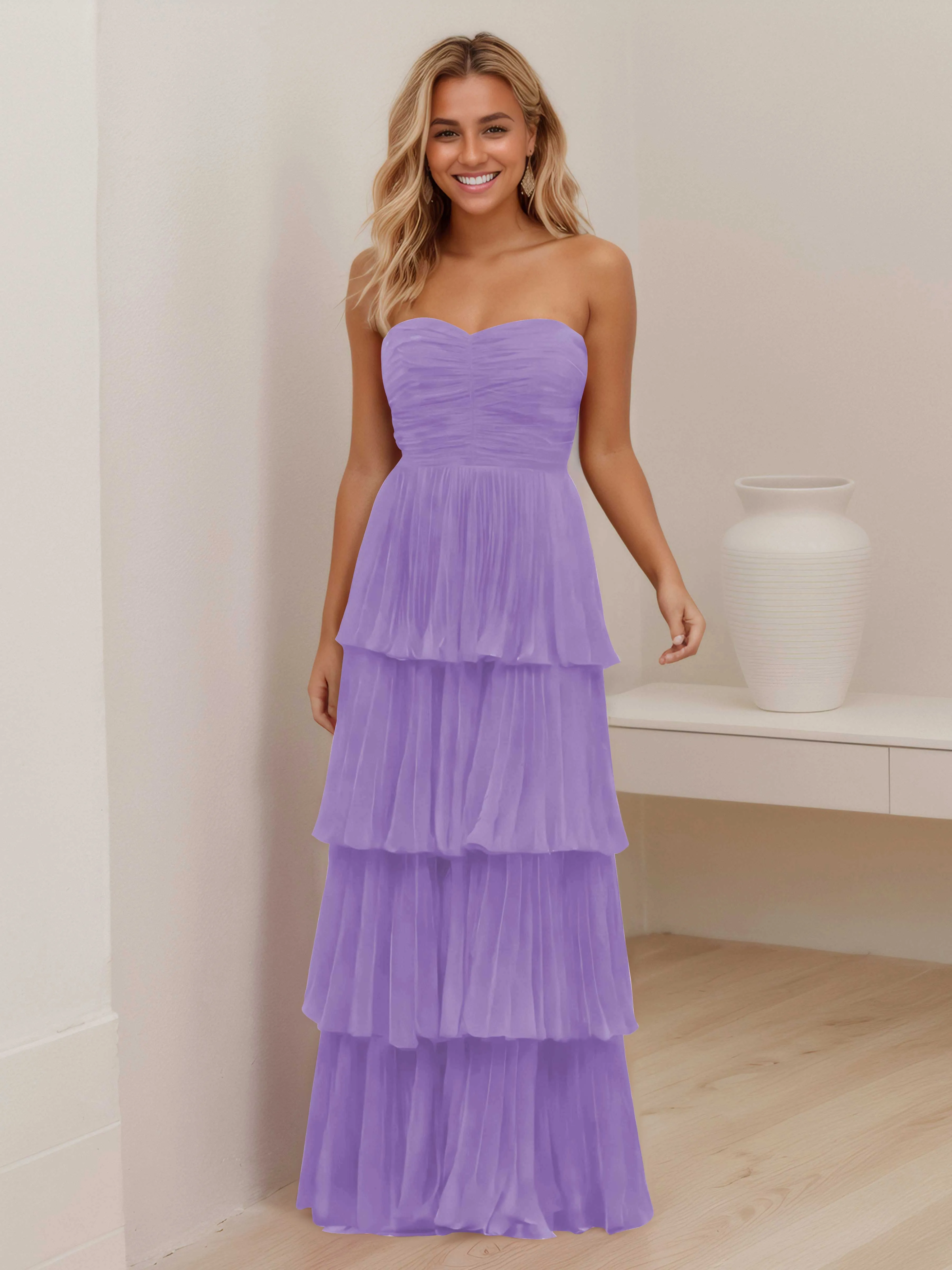 Aliana Stylish Strapless Tiered Long Wedding Guest Dresses