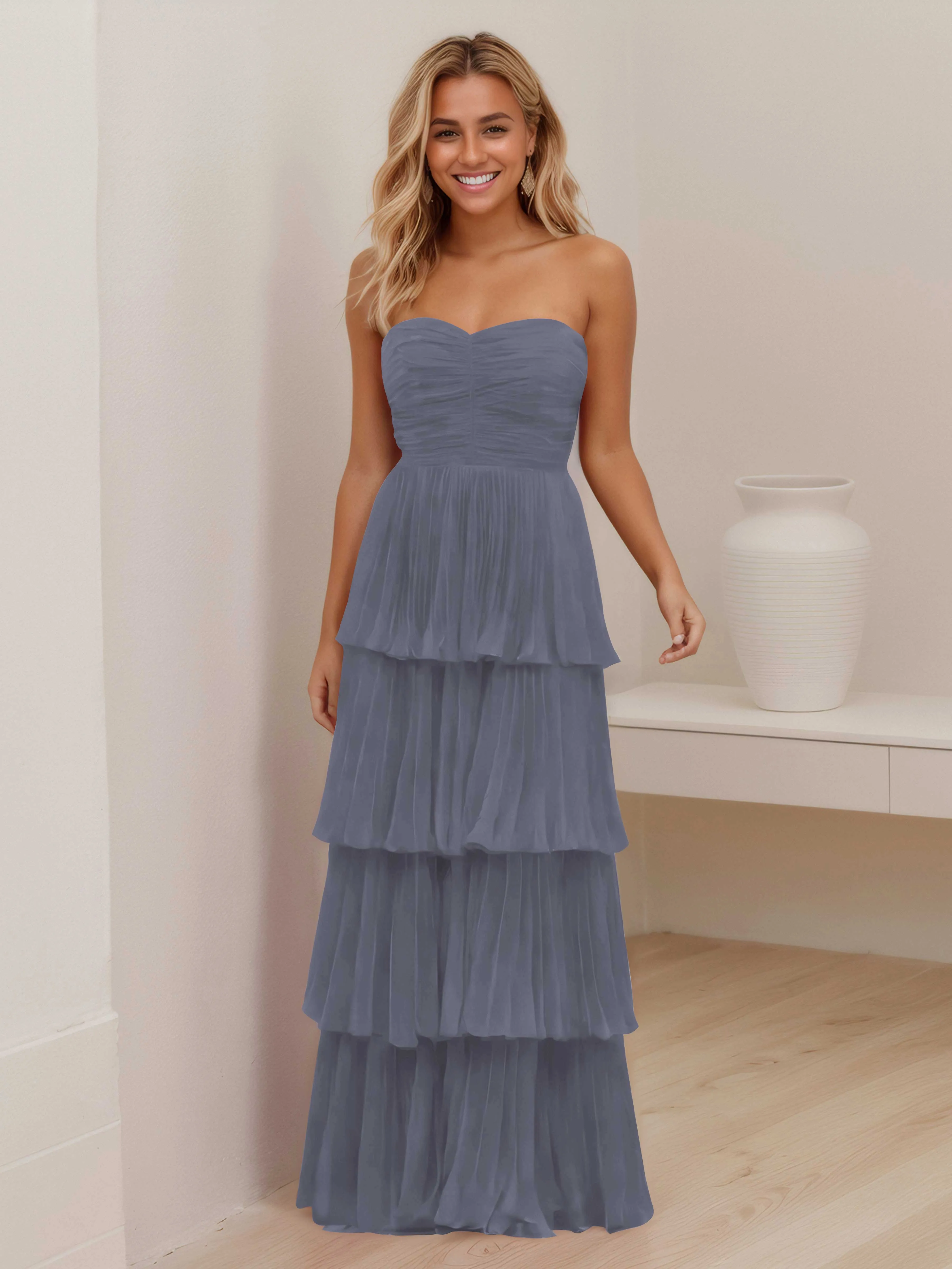 Aliana Stylish Strapless Tiered Long Wedding Guest Dresses