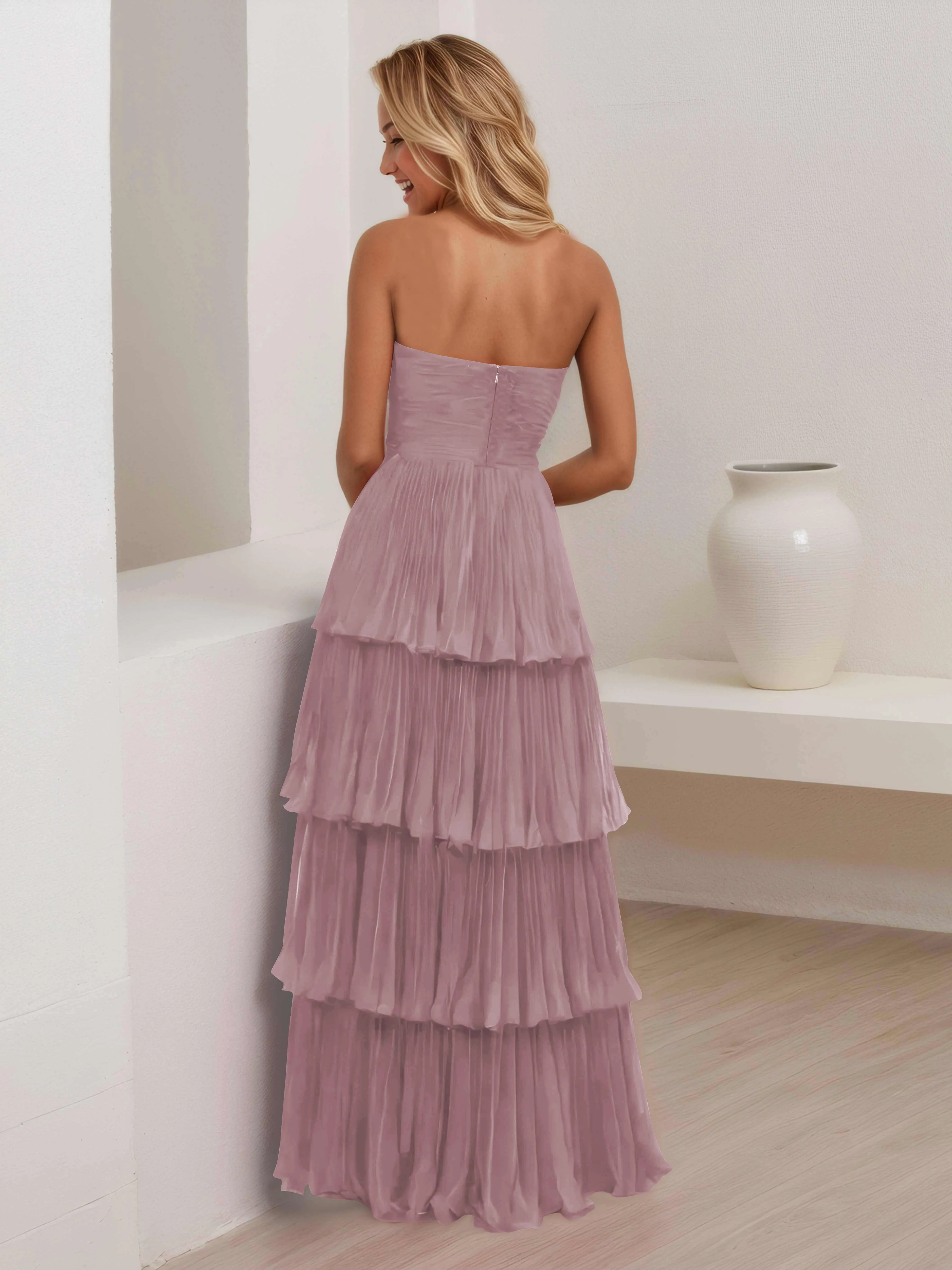 Aliana Stylish Strapless Tiered Long Wedding Guest Dresses