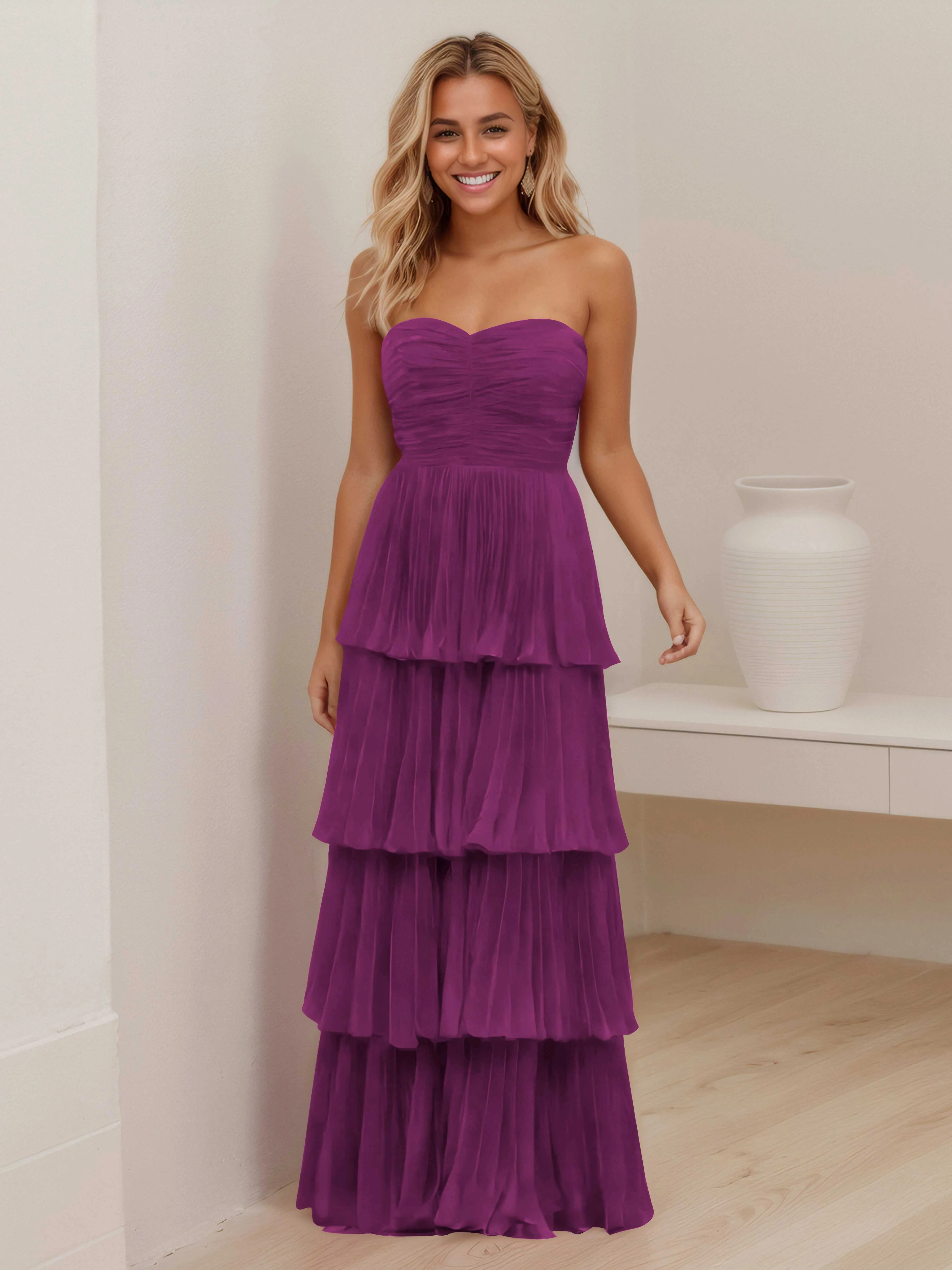 Aliana Stylish Strapless Tiered Long Wedding Guest Dresses