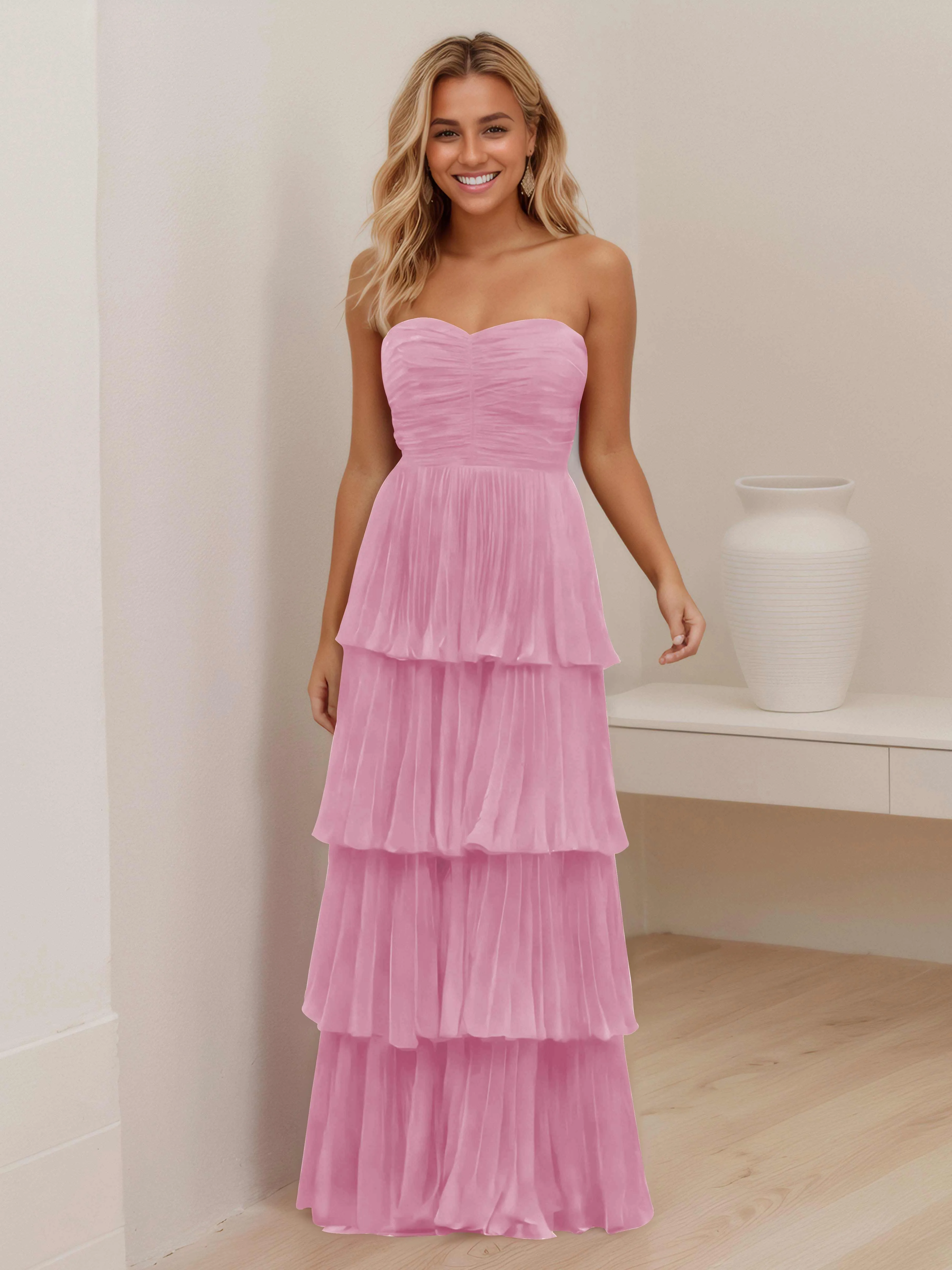 Aliana Stylish Strapless Tiered Long Wedding Guest Dresses