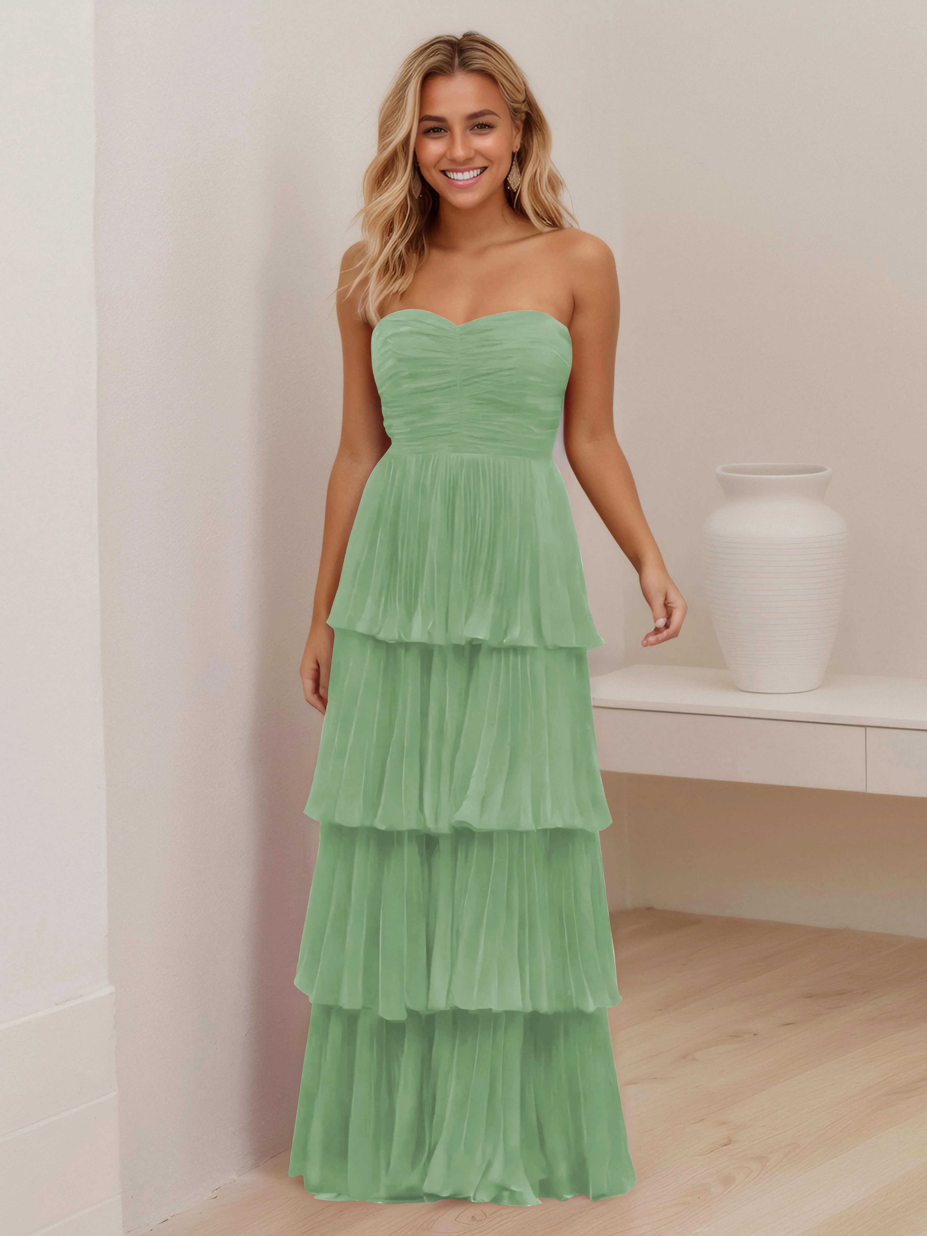 Aliana Stylish Strapless Tiered Long Wedding Guest Dresses
